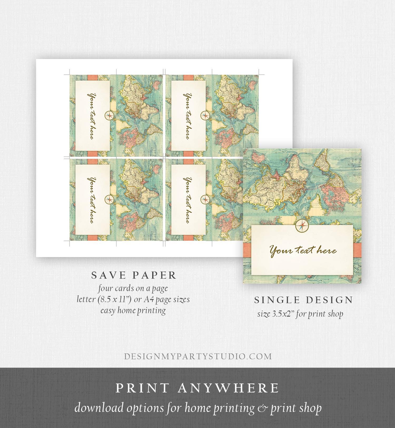 Editable Adventure Food Label World Map Travel Place Tent Insert Card Buffet Compass Traveling Journey Digital Template Printable 0044