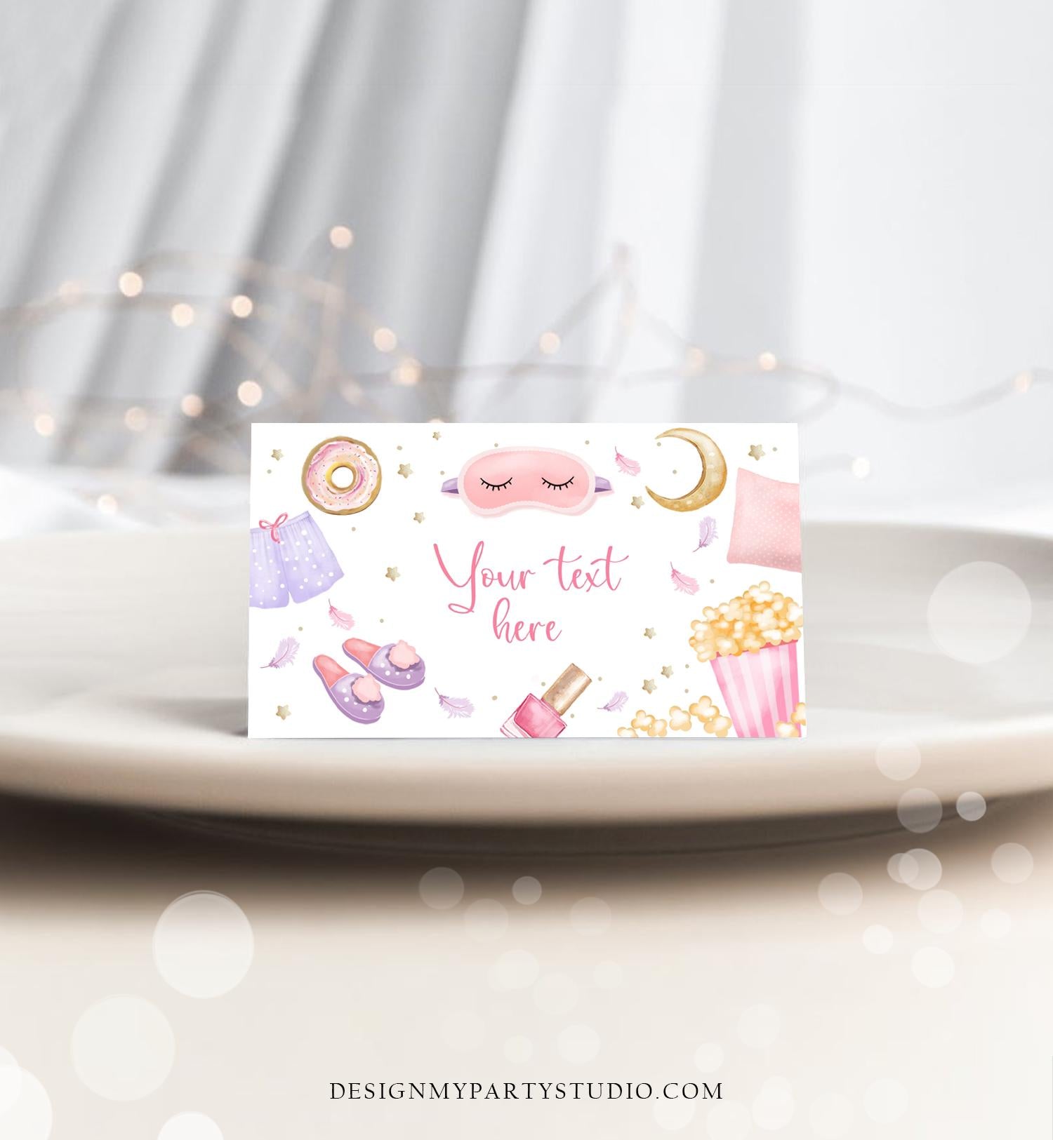 Editable Sleepover Food Label Slumber Party Place Tent Card Sleep Over Pizza Pajamas Digital Download Template Printable 0447