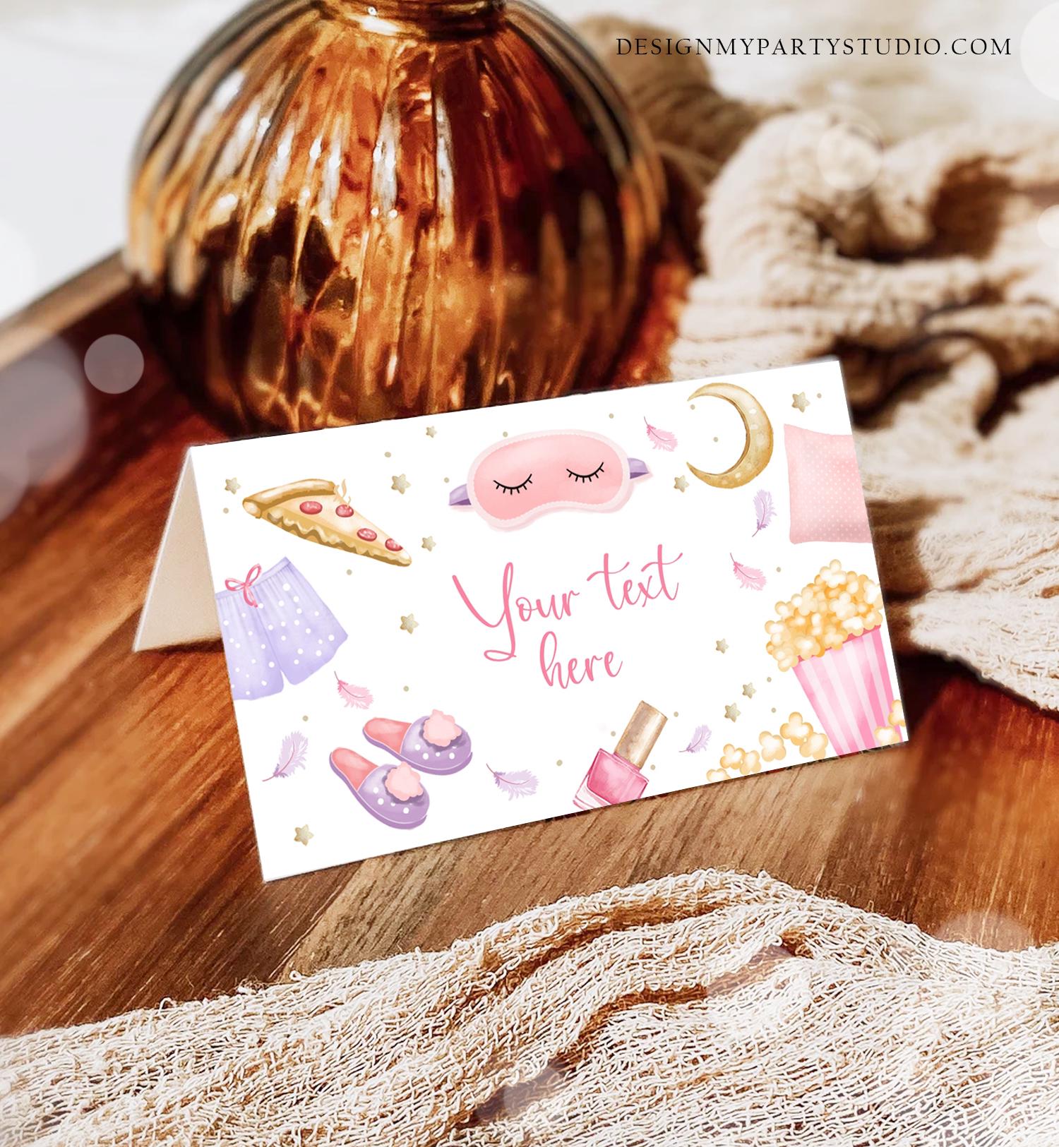 Editable Sleepover Food Labels Slumber Party Place Card Tent Card Insert Card Sleep Over Pizza Pajamas Girl Digital Template Printable 0447