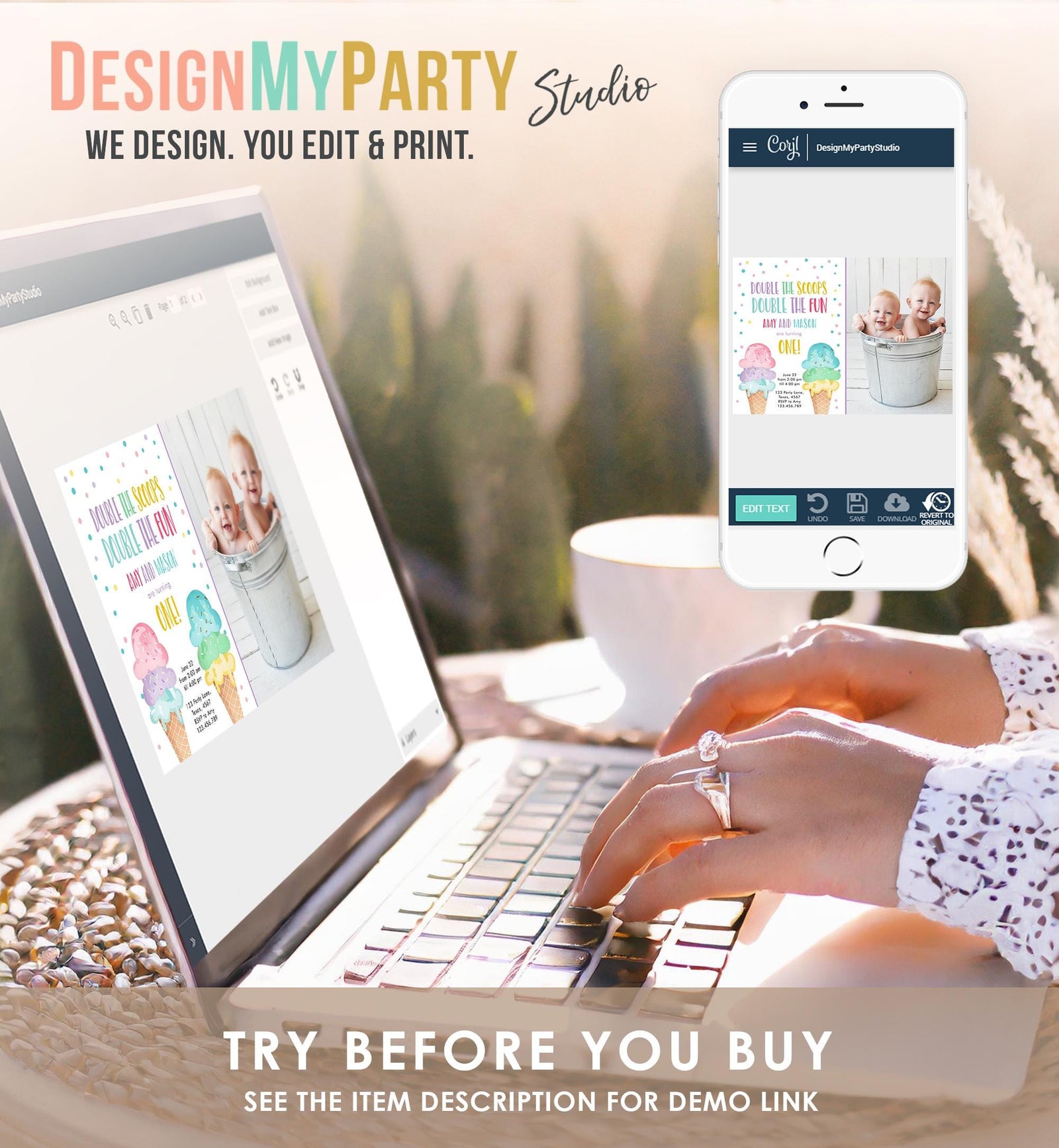 Editable Twin Ice Cream Birthday Invitation First Birthday Double the Scoops Double Fun Twins Purple Joint Digital Template Printable 0243