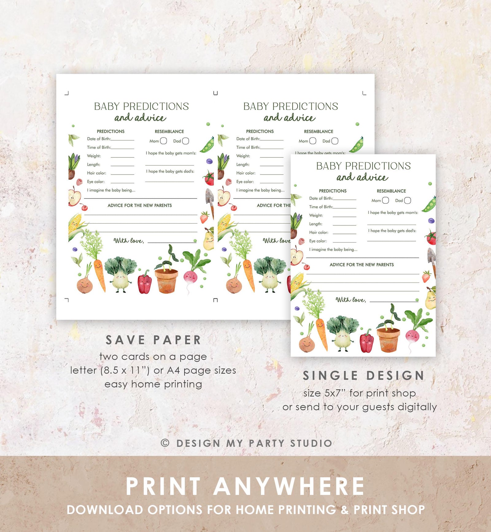 Editable Baby Predictions and Advice Little Sprout Baby Shower Game Neutral Farmers Market Locally Grown Digital Template Printable 0544