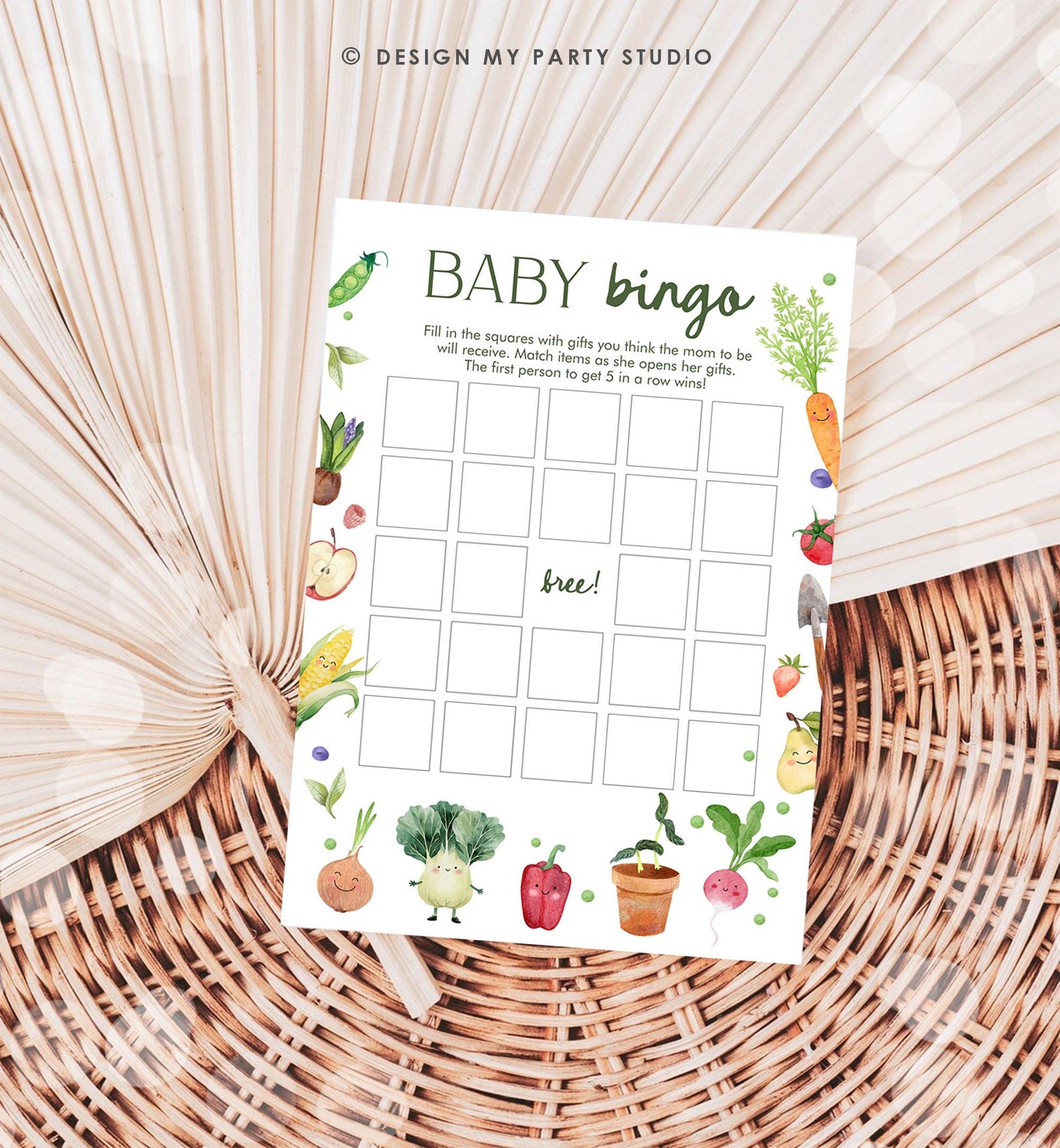 Editable Baby Bingo Baby Shower Game Card Little Sprout Farmers Market Gender Neutral Locally Grown Digital Download Template Printable 0544