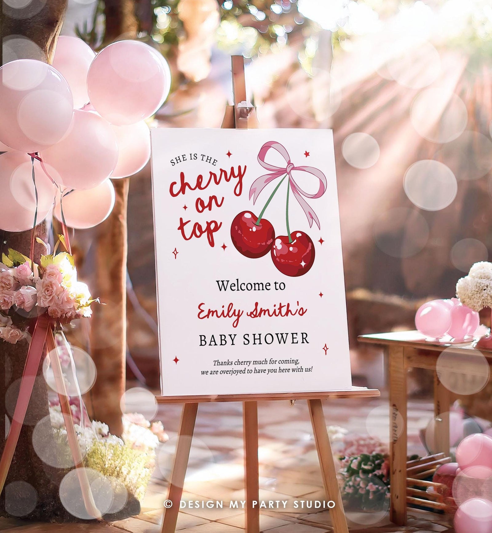 Editable Cherry Baby Shower Welcome Sign She is The Cherry On Top Preppy Coquette Bow Berries Berry Shower Welcome Template Printable 0539