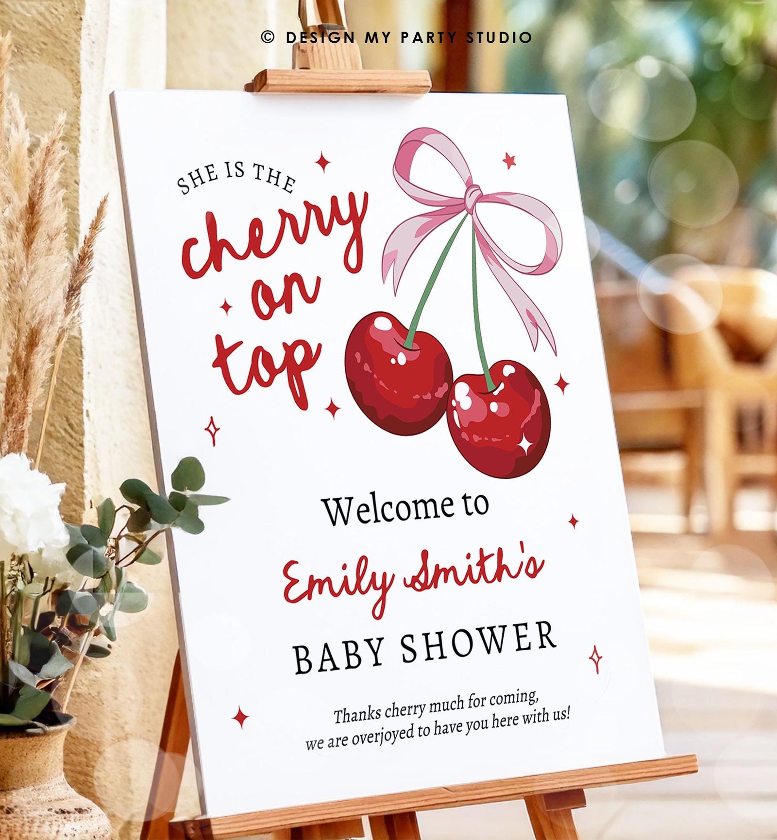 Editable Cherry Baby Shower Welcome Sign She is The Cherry On Top Preppy Coquette Bow Berries Berry Shower Welcome Template Printable 0539