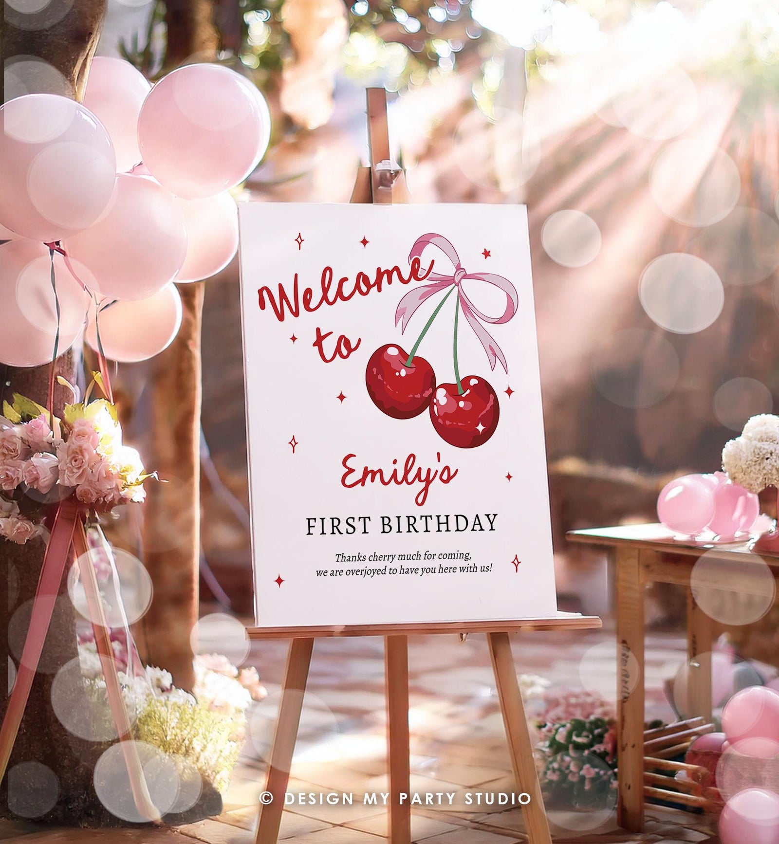 Editable Cherry First Birthday Welcome Sign She is Our Cherry On Top Preppy Coquette Bow Berries Berry 1st Welcome Template Printable 0539