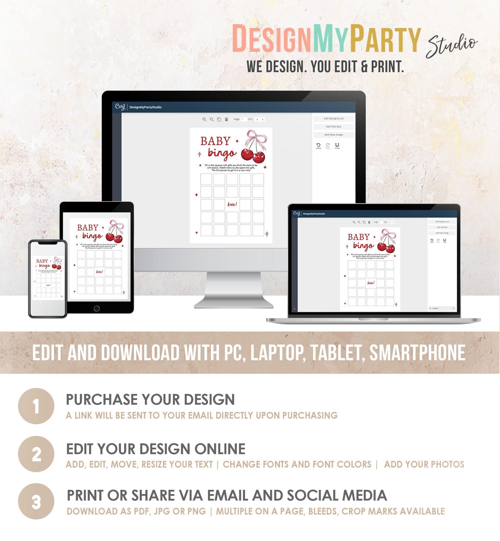 Editable Baby Bingo Baby Shower Game Card Cherry Baby Shower Pink Bow Coquette Cherry On Top Games Digital Download Template Printable 0539