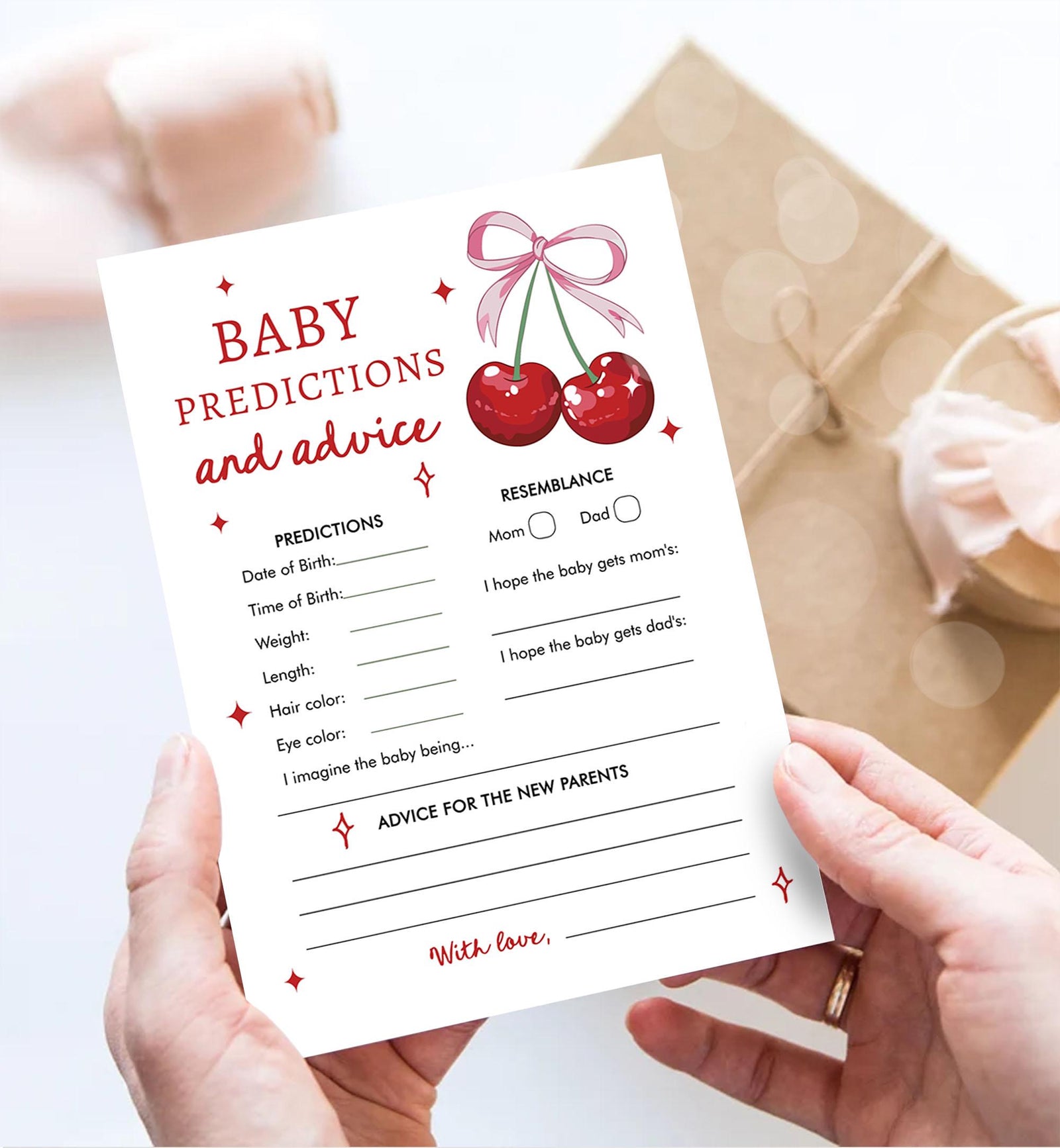 Editable Baby Predictions and Advice Card Baby Shower Game Cherry Baby Shower Bow Coquette Cherry On Top Digital Template Printable 0539