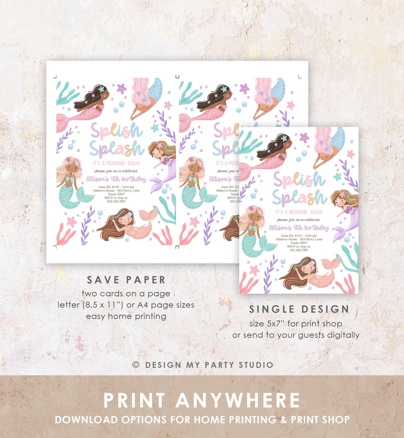 Editable Mermaid Birthday Party Invitation Girl Pink Purple Mermaid Bash Splish Splash Under The Sea Pastel Download Printable Template 0546