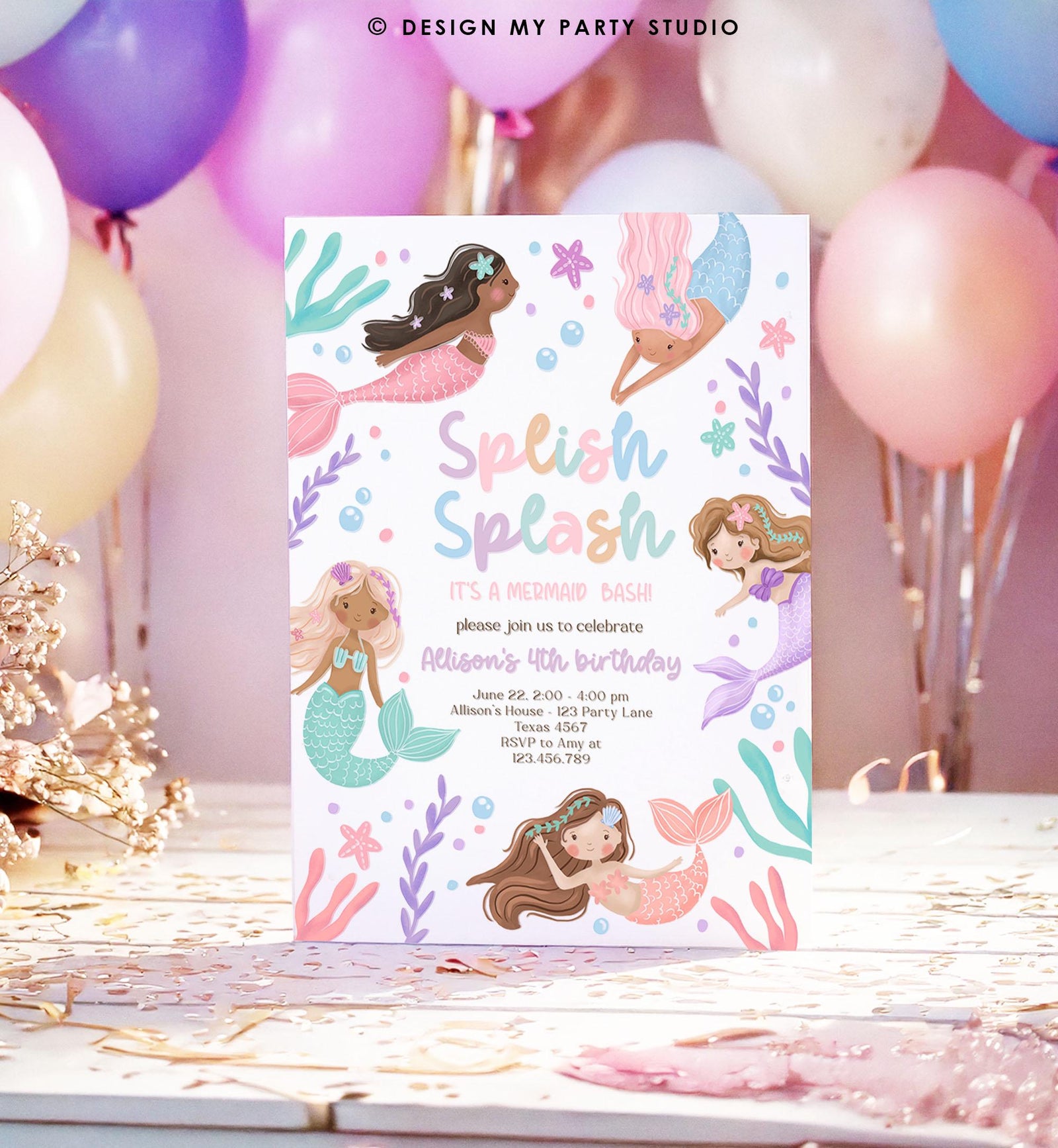 Editable Mermaid Birthday Party Invitation Girl Pink Purple Mermaid Bash Splish Splash Under The Sea Pastel Download Printable Template 0546