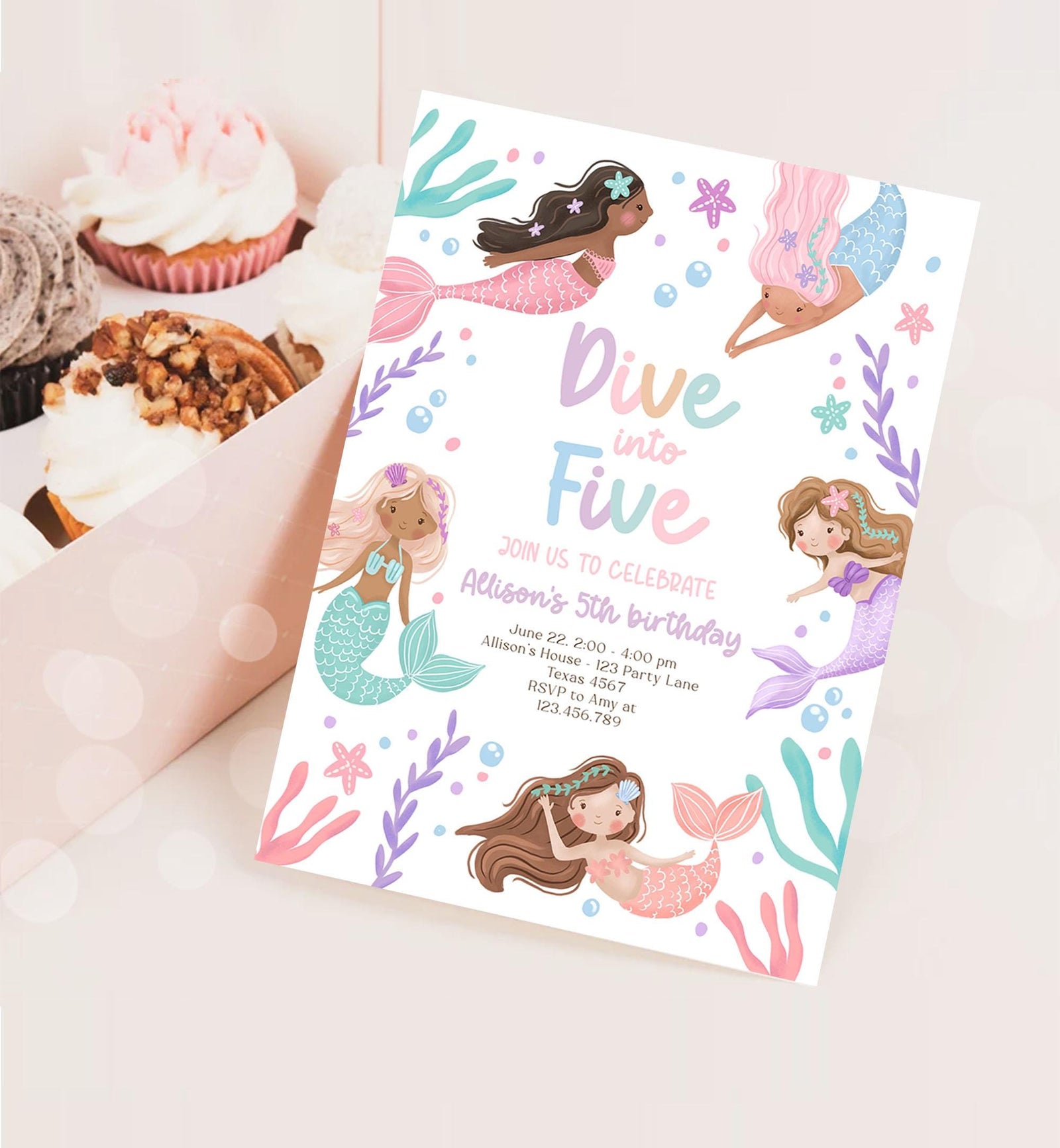 Editable Dive Into Five Mermaid Birthday Invitation 5th Girl Pink Purple Mermaid Bash Sea Ocean Pastel Download Printable Template 0546