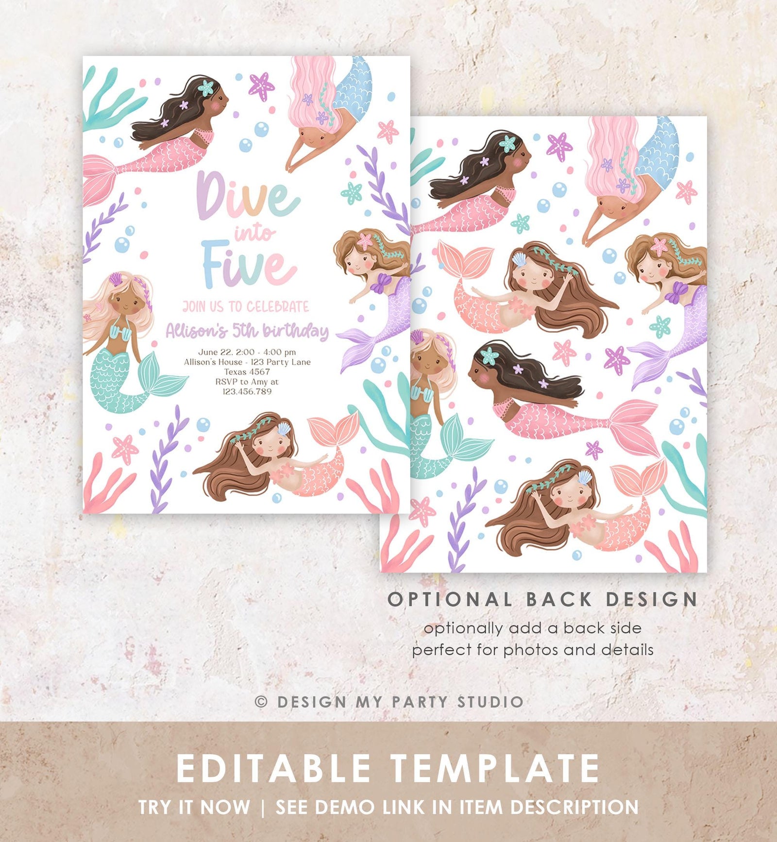 Editable Dive Into Five Mermaid Birthday Invitation 5th Girl Pink Purple Mermaid Bash Sea Ocean Pastel Download Printable Template 0546