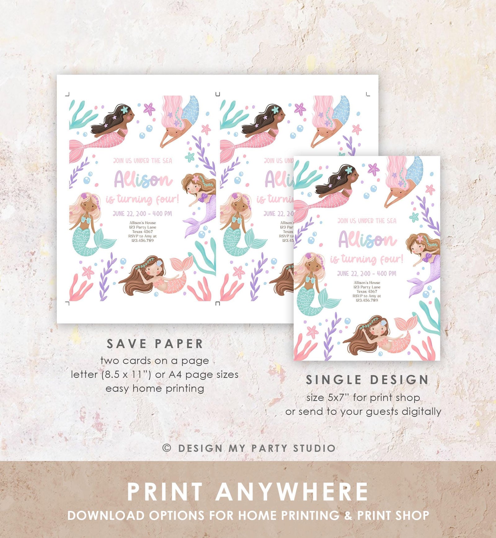 Editable Mermaid Birthday Party Invitation Girl Pink Purple Mermaid Bash Splish Splash Under The Sea Pastel Download Printable Template 0546