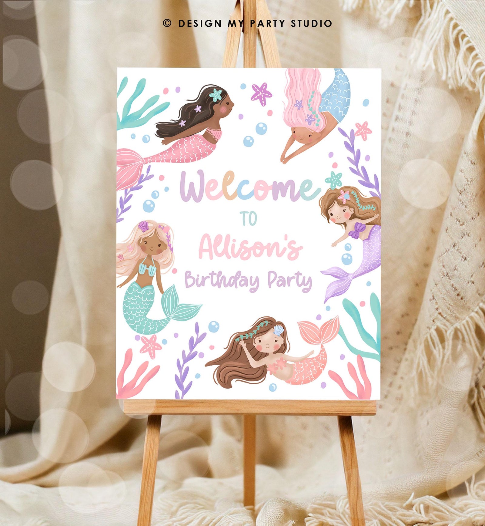 Editable Mermaid Welcome Sign Mermaid Birthday Sign Girl Ocean Pastel Birthday Decor Welcome Under The Sea Digital Template Printable 0546
