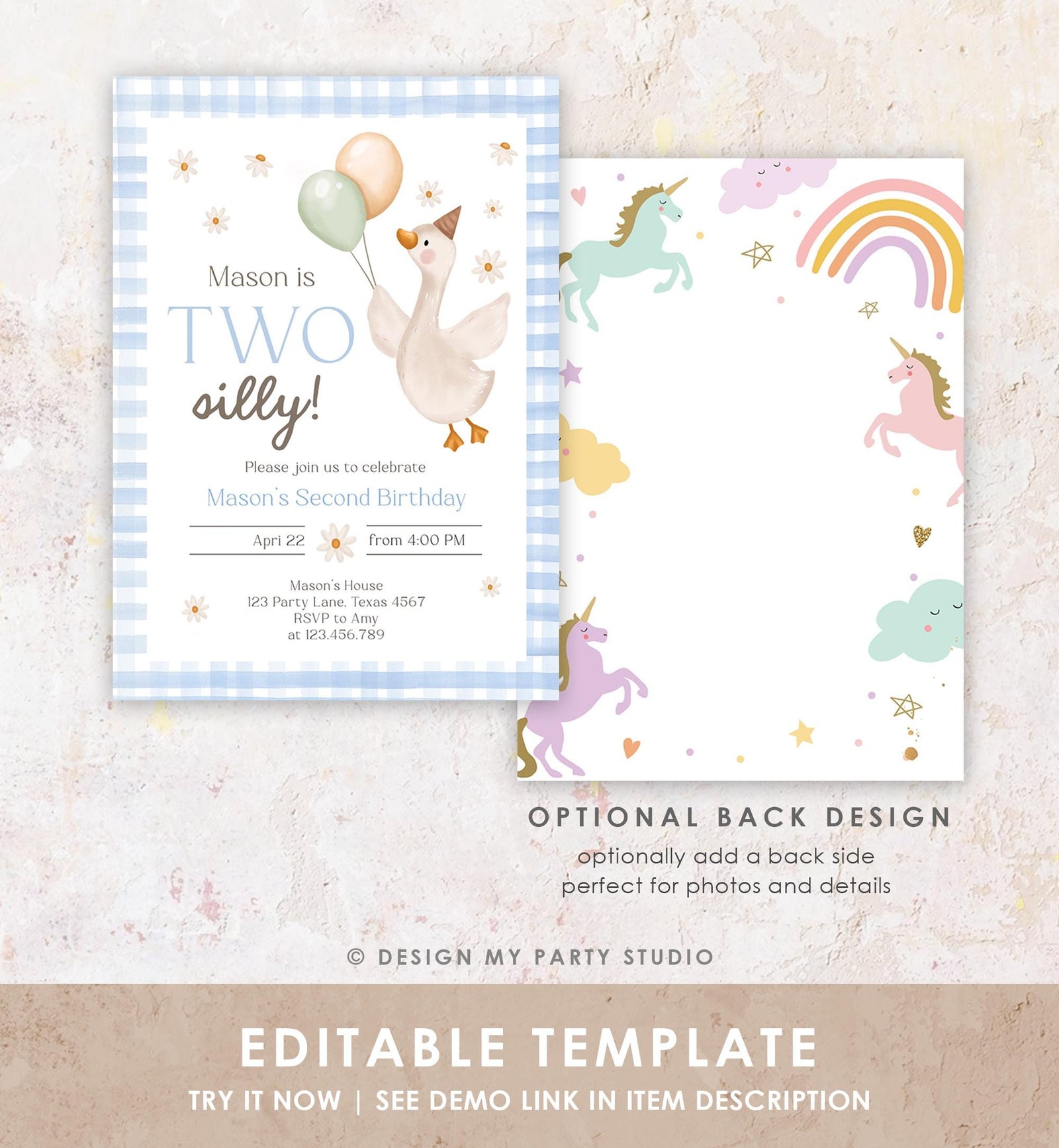 Editable Two Silly Goose Birthday Invitation Blue Boy Spring Birthday Party Farm Goose 2nd Birthday Digital Download Template Printable 0540