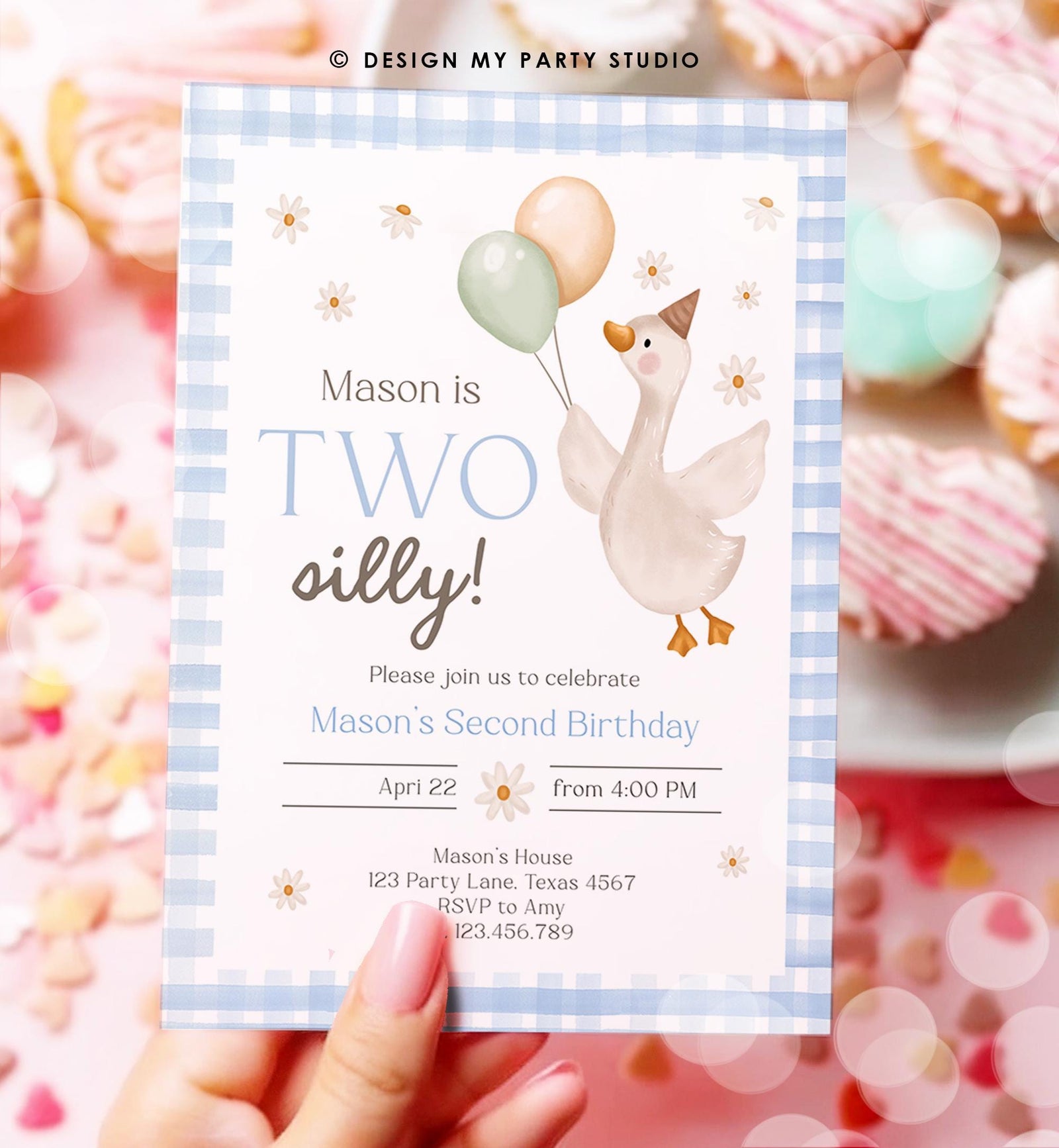 Editable Two Silly Goose Birthday Invitation Blue Boy Spring Birthday Party Farm Goose 2nd Birthday Digital Download Template Printable 0540