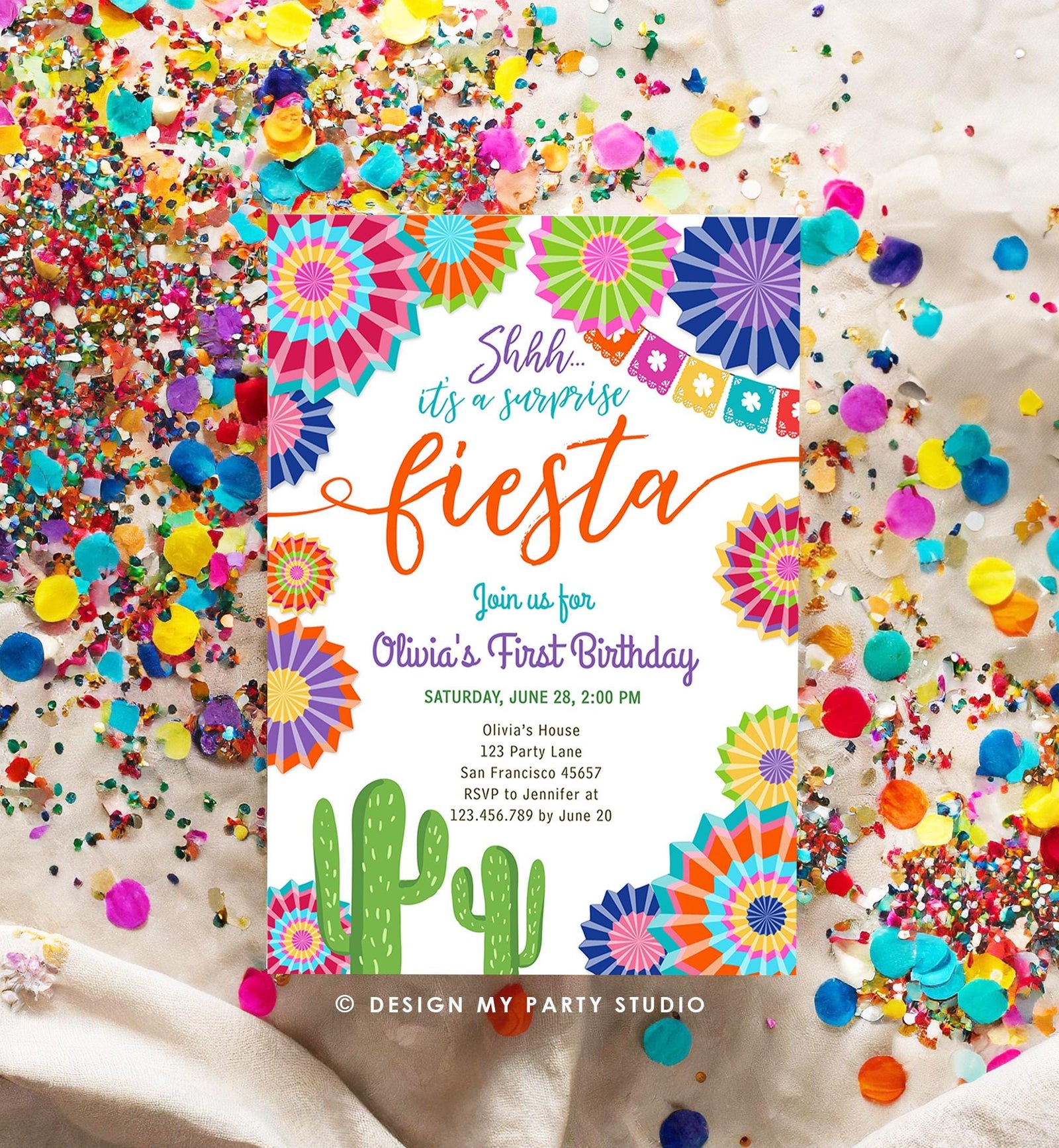 Editable Surprise Fiesta Birthday Invitation Girl Birthday Party Cactus Shhh ANY AGE Mexican Digital Download Evite Template Printable 0236