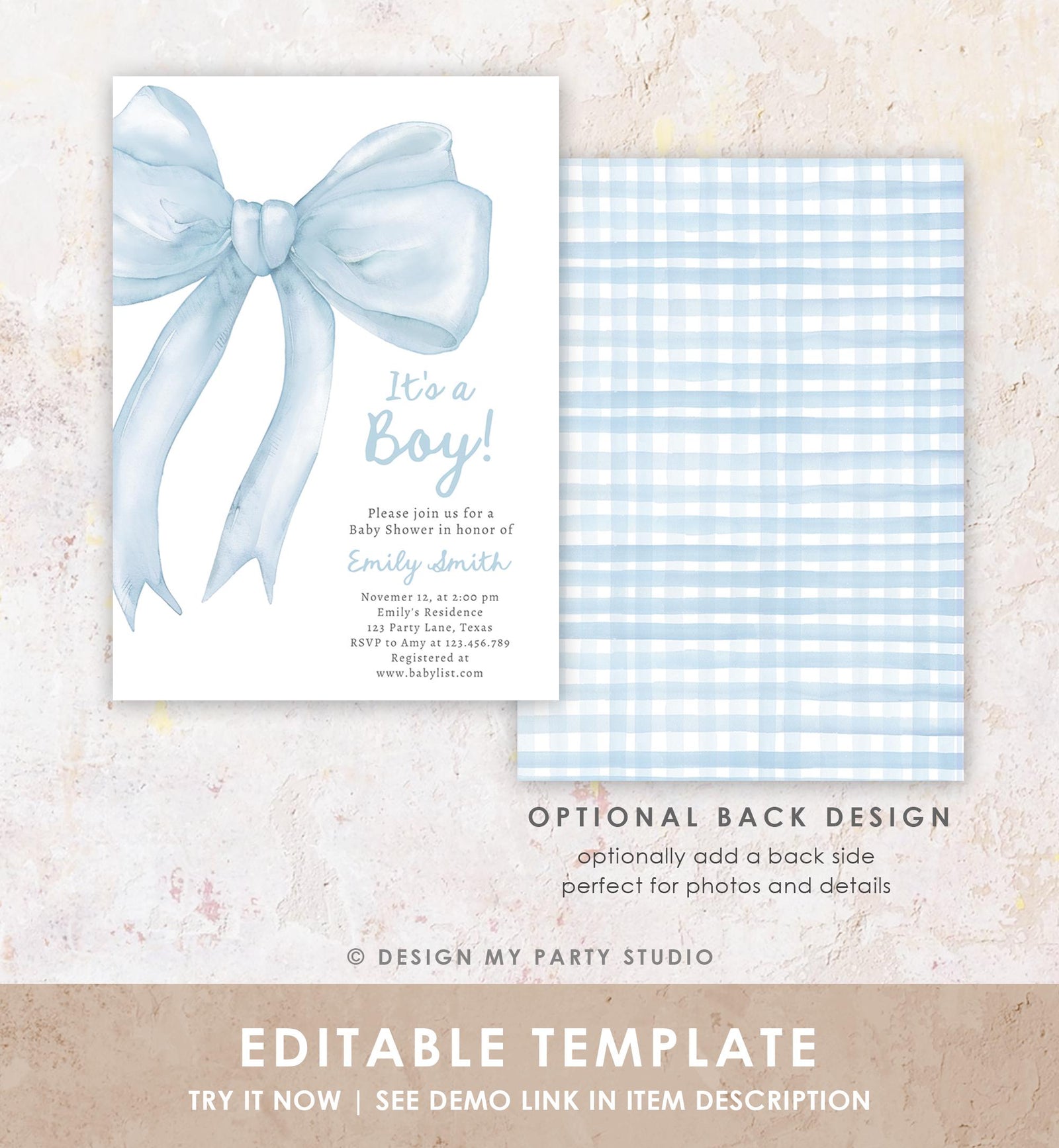 Editable Blue Bow Baby Shower Invitation It's a Boy Blue Coquette Baby Shower Preppy Minimalist Digital Template Download Printable 0527