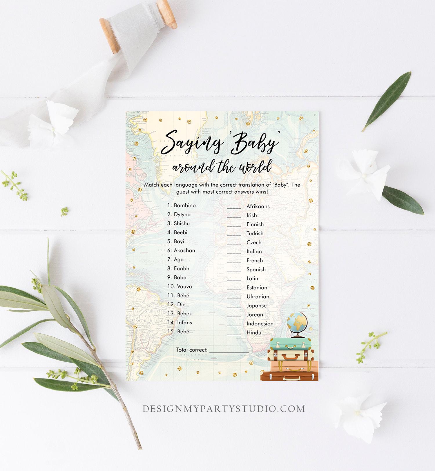 Editable Saying Baby Around the World Baby Shower Game Card Travel Adventure Journey Activity Printable Download Template Corjl 0263