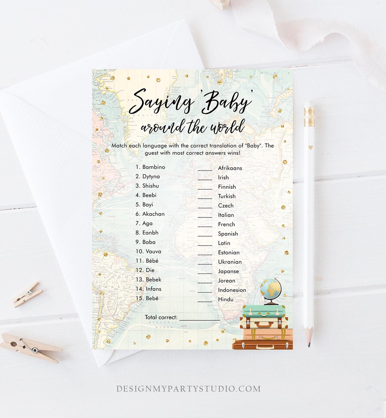 Editable Saying Baby Around the World Baby Shower Game Card Travel Adventure Journey Activity Printable Download Template Corjl 0263