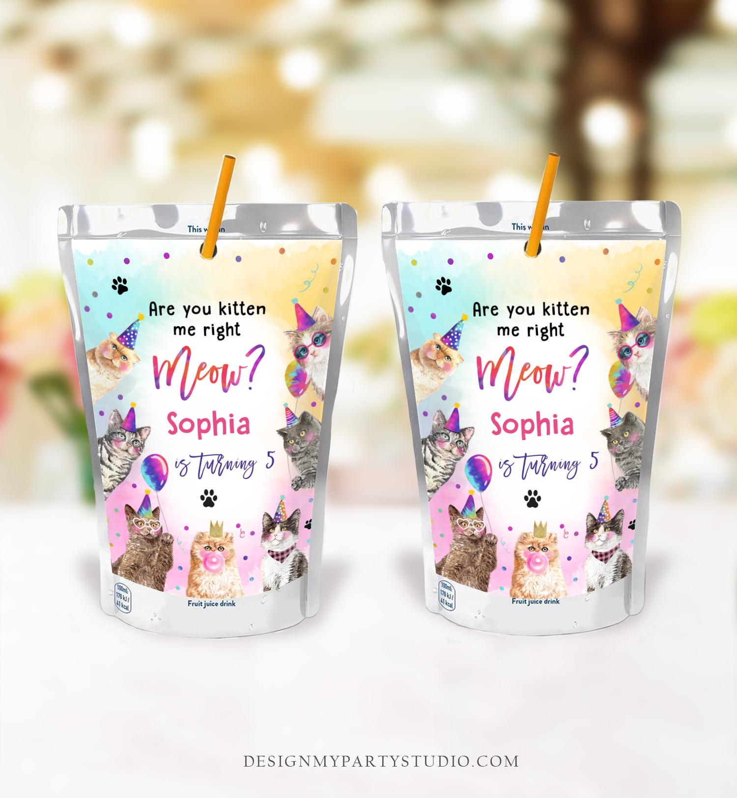 Editable Cats Kittens Juice Pouch Label Juice Favors Are You Kitten Meow Pawty Girl Birthday Party Digital Download Template Printable 0460