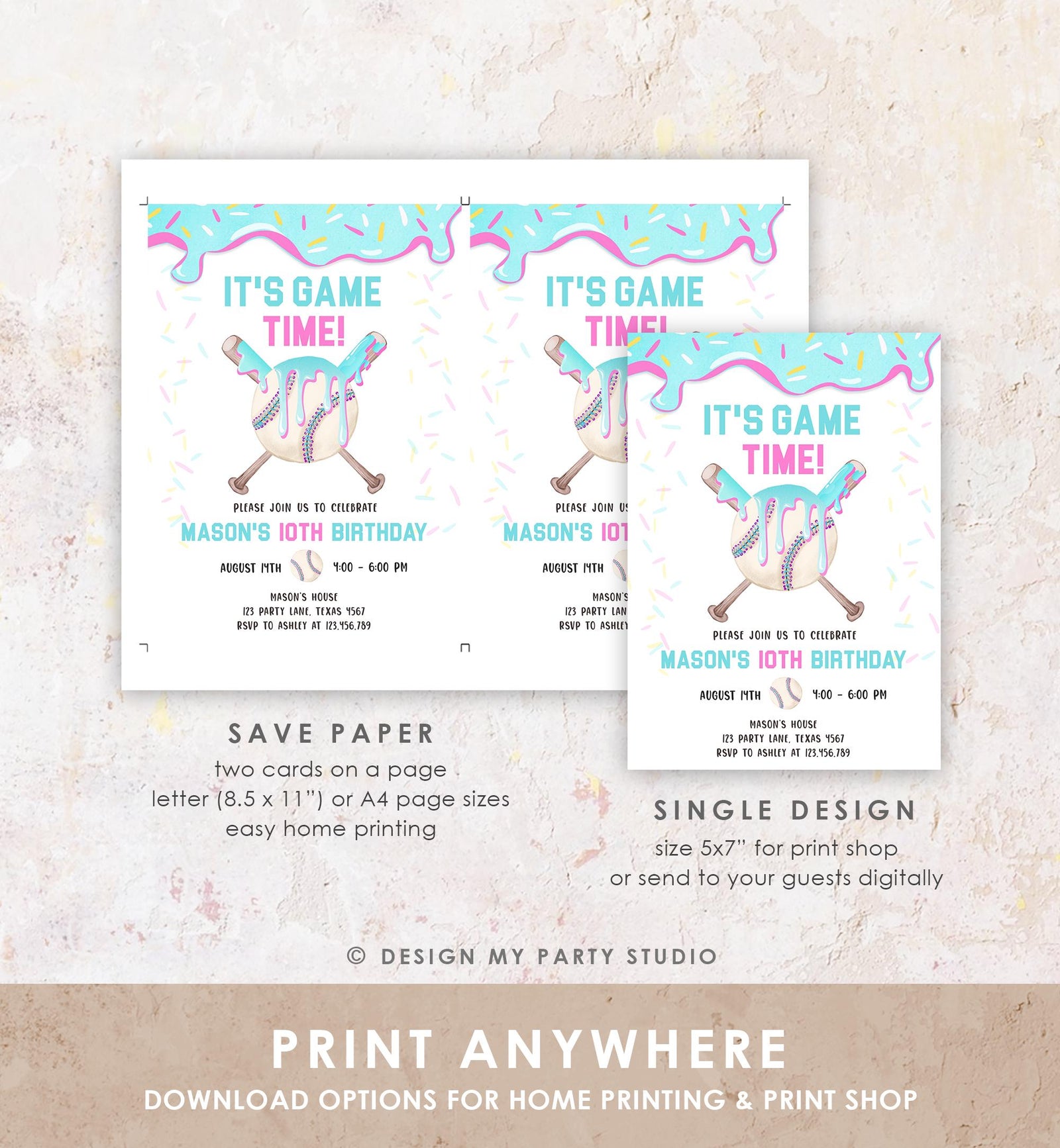 Editable Baseball Drip Ice Cream Birthday Invitation Rookie Year Softball Sports Boy Birthday Digital Download Template Printable 0545