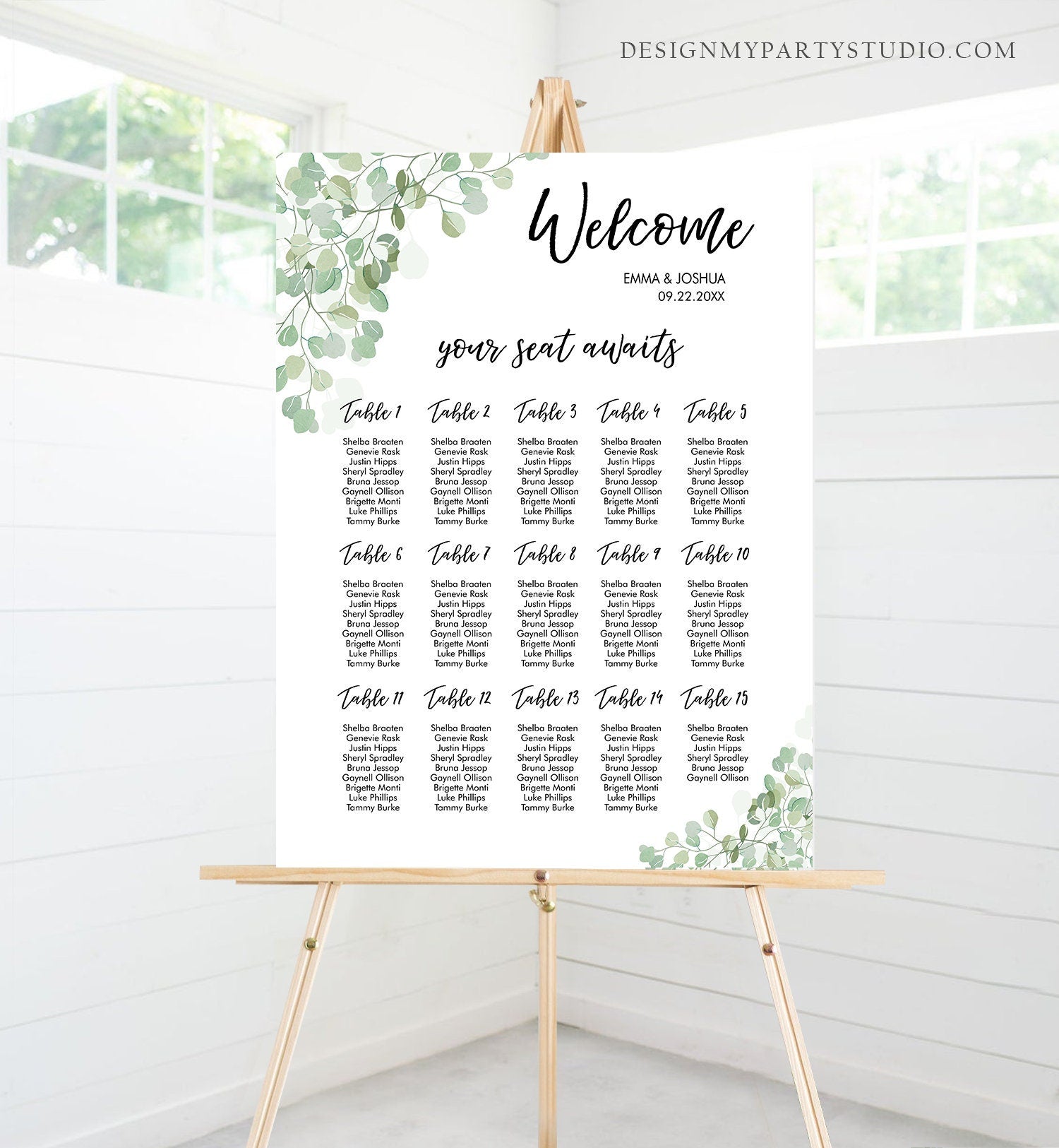 May include: A white wedding seating chart with a green leafy design. The chart is titled 'Welcome' with the names 'Emma & Joshua' and the date '09.22.20XX'. The chart lists the names of guests assigned to each table number from 1 to 15.