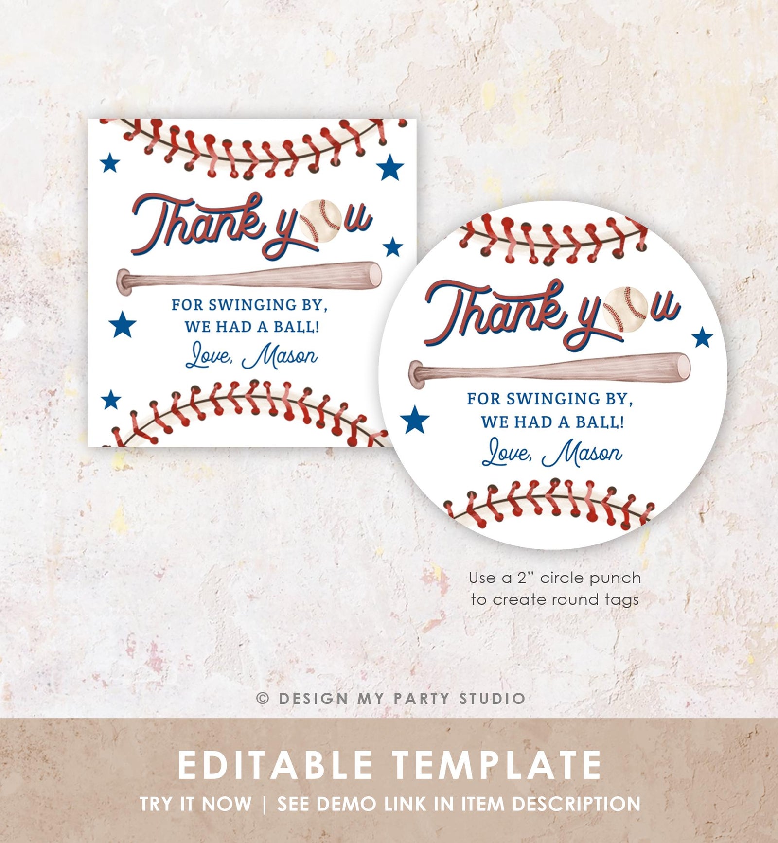 Editable Thank You For Swinging By Baseball Favor Tag Rookie Year Boy Girl Birthday Party Gift Sticker Note Digital Template Printable 0492