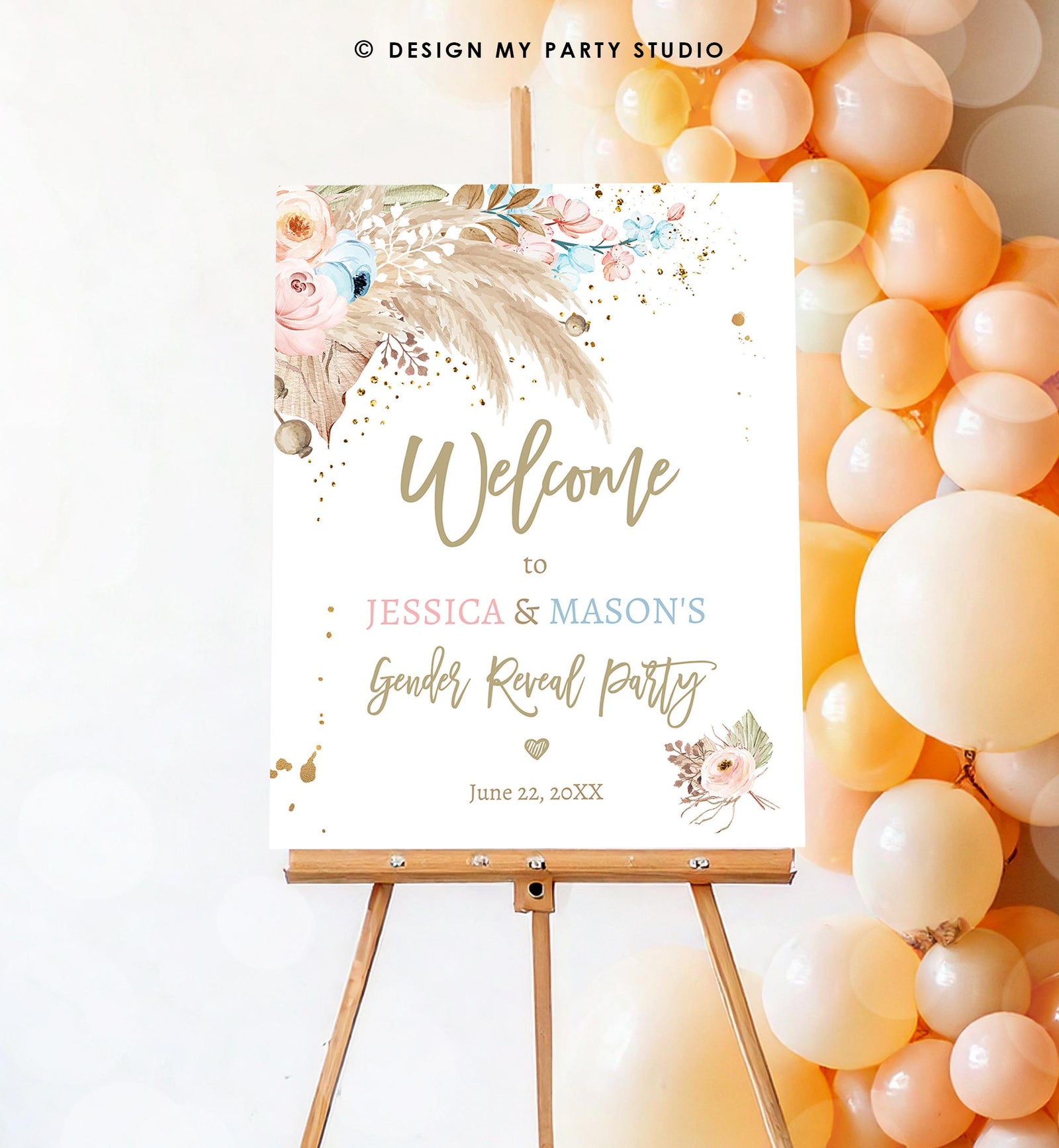 Editable Pampas Grass Gender Reveal Party Welcome Sign Couples Baby Shower Boho Gender Neutral Blue or Pink Digital Template Printable 0395