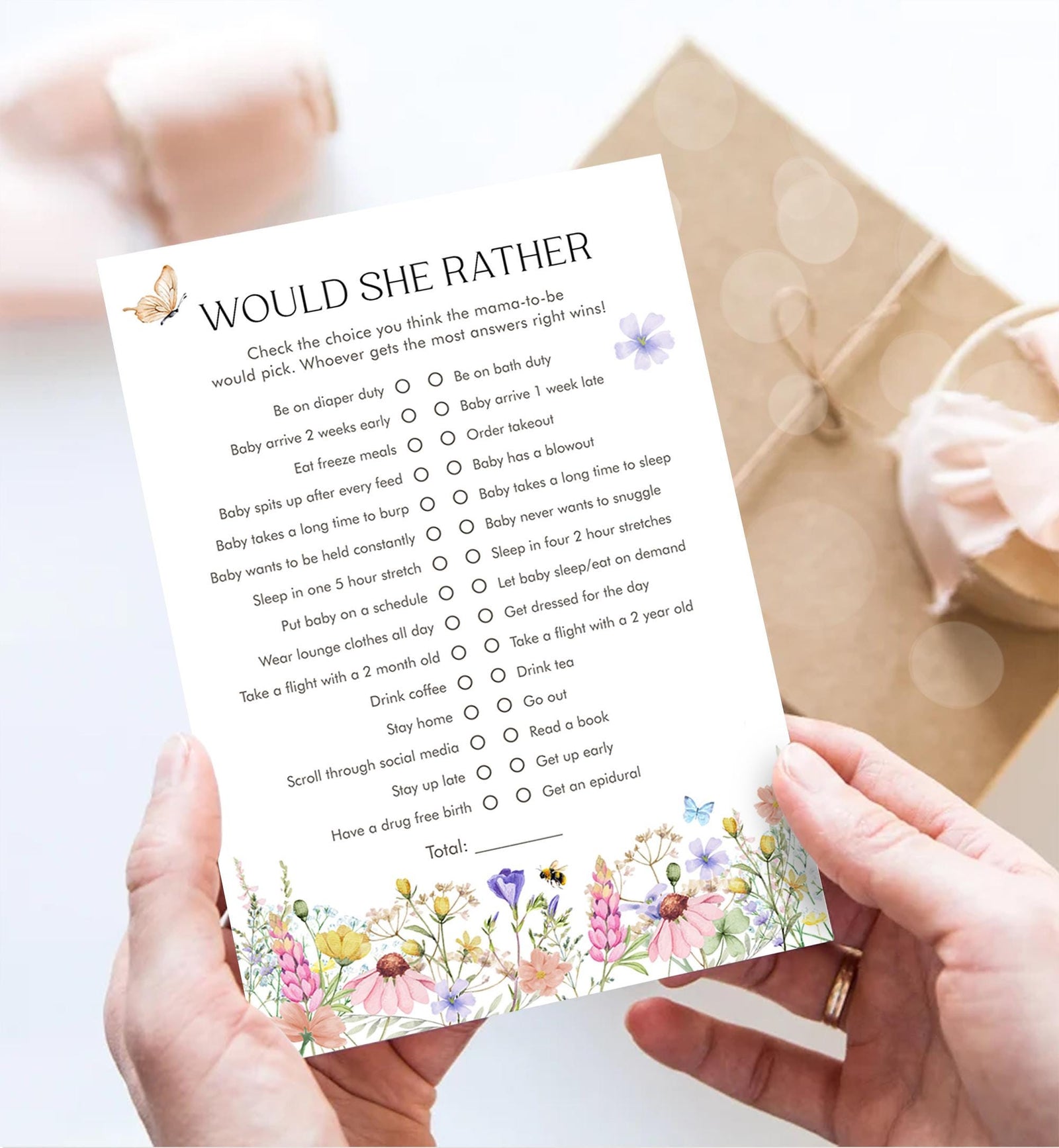 Editable Would She Rather Game Card Wildflowers Baby Shower Game Guess Game Baby in Bloom Butterflies Digital Template Printable 0543