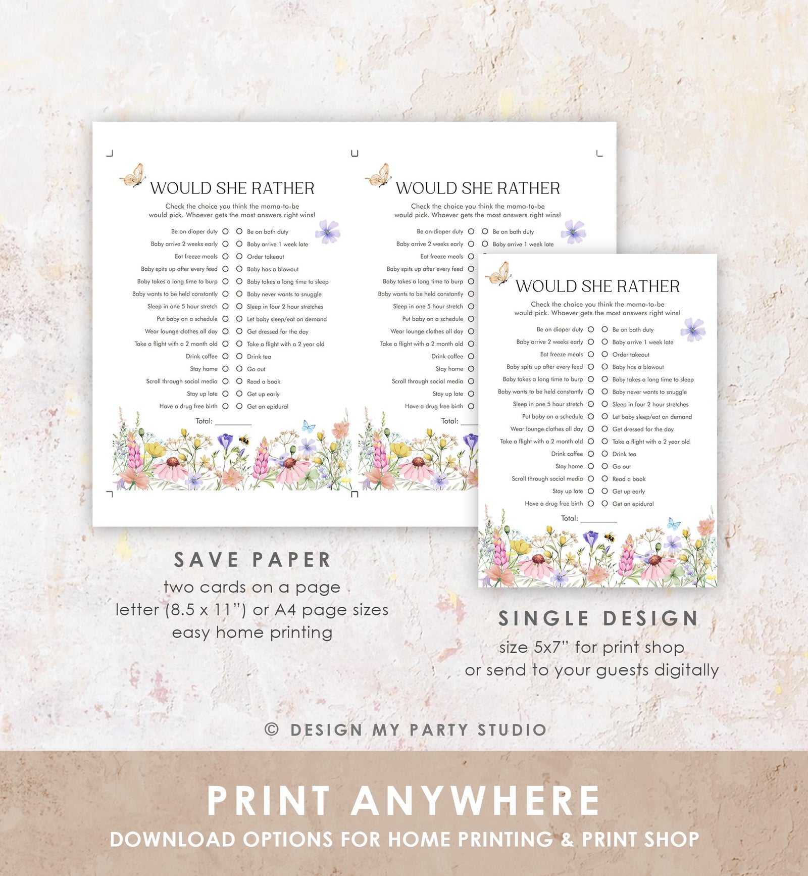 Editable Would She Rather Game Card Wildflowers Baby Shower Game Guess Game Baby in Bloom Butterflies Digital Template Printable 0543