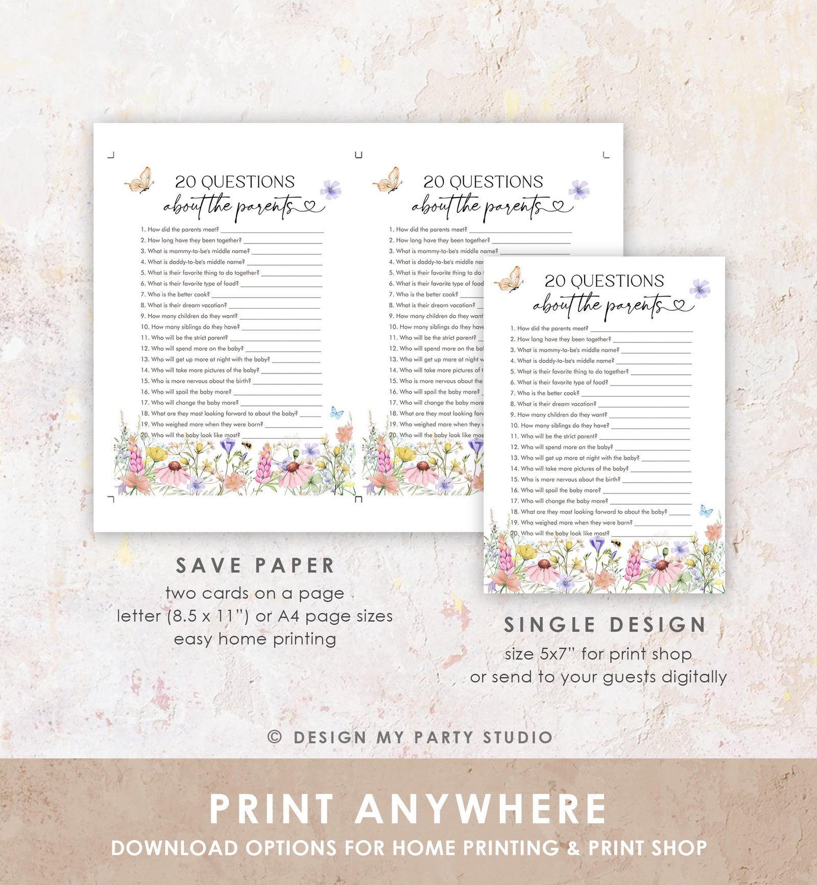 Editable Questions About the Parents Game Card Wildflowers Baby Shower Game in Bloom Wild Flower Butterflies Digital Template Printable 0543