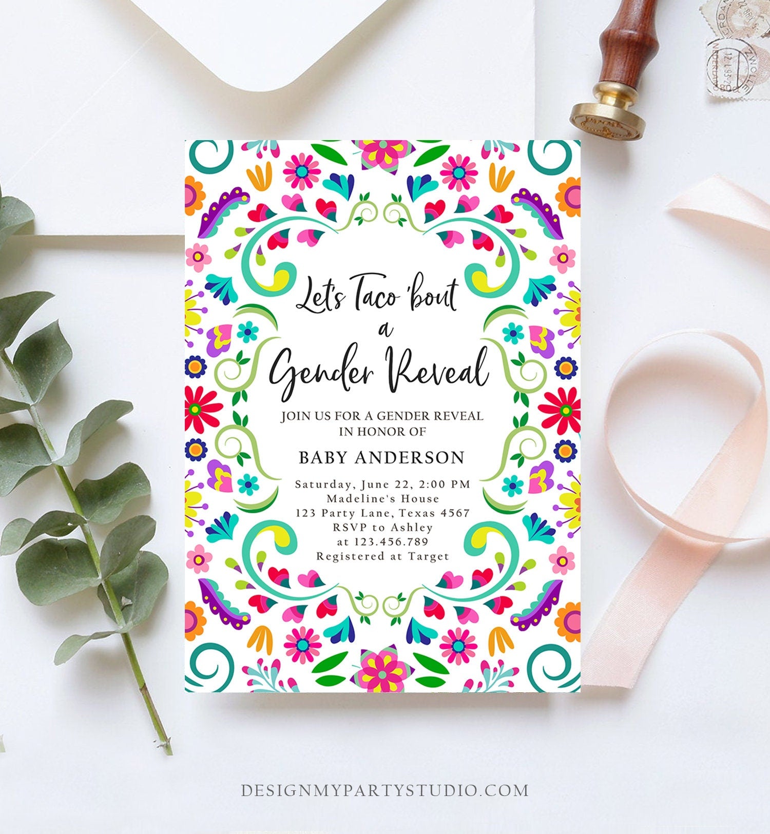 May include: Gender reveal invitation featuring a vibrant, colorful floral design in a traditional Mexican style. The invitation includes the text 'Let's Taco 'bout a Gender Reveal', the honoree's name 'Baby Anderson', date, time, location, RSVP information, and registry details. The color palette is bright and cheerful, with pinks, oranges, yellows, greens, and blues dominating the floral pattern. The invitation is designed for a gender reveal party and is suitable f