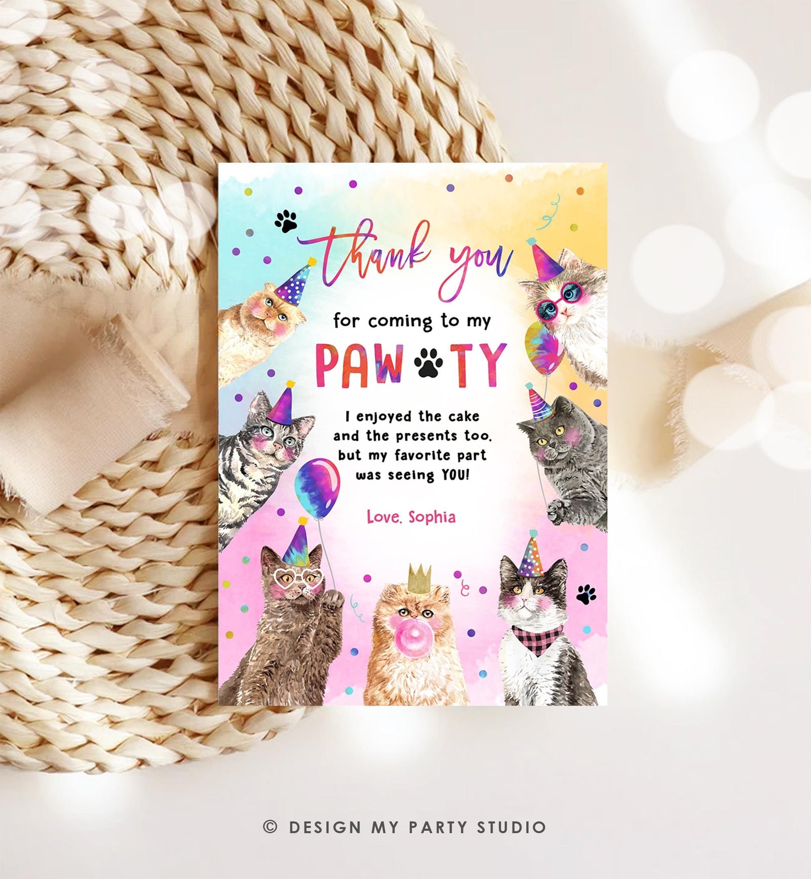 Editable Cats Birthday Thank You Card Kitten Birthday Thank You Note Pawty Party Animals Pet Digital Download Template Printable 0460