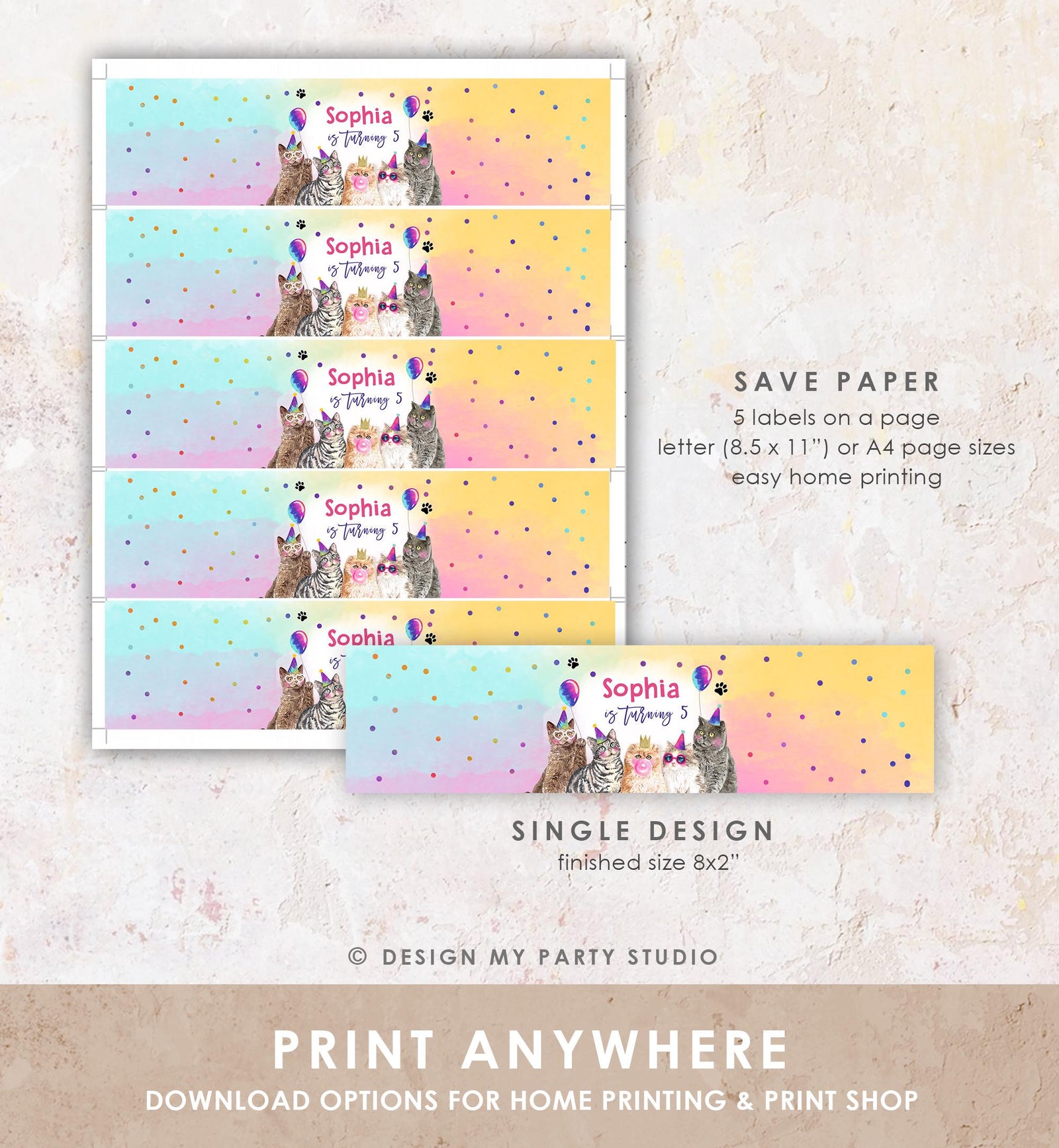 Editable Cats Water Bottle Labels Kitten Birthday Pawty Party Kitten Pet Cat Decor Bottle Wrap Digital Template Printable 0460