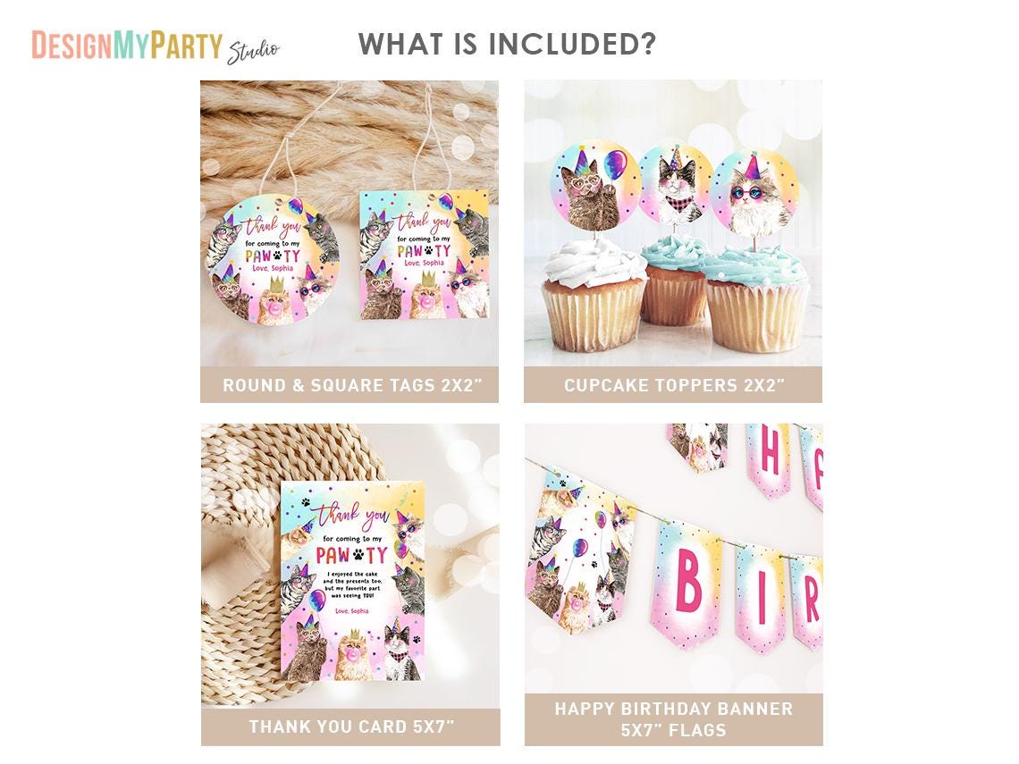 Cats Birthday Invitation Bundle Cats and Kittens Pawty Party Invite Birthday Come Sit Stay Girl 1st Birthday Digital Template Printable 0460