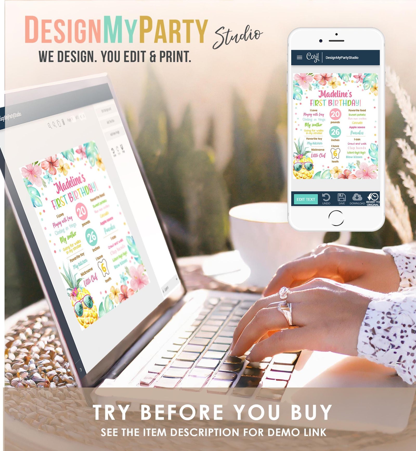 Editable Luau Pineapple Sunshine Birthday Milestone Sign Summer First Birthday 1st Birthday Girl Pink Aloha Digital Template Printable 0391