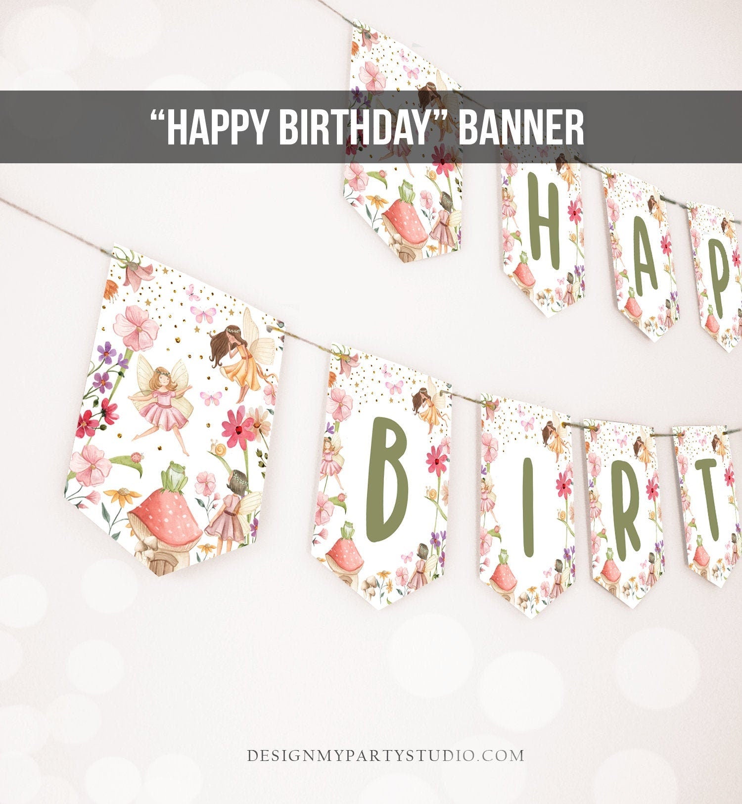 May include: A white banner with green letters spelling 'HAPPY BIRTHDAY' decorated with a fairy theme. The banner has a white background with a floral pattern and images of fairies. The banner is strung with a white string.