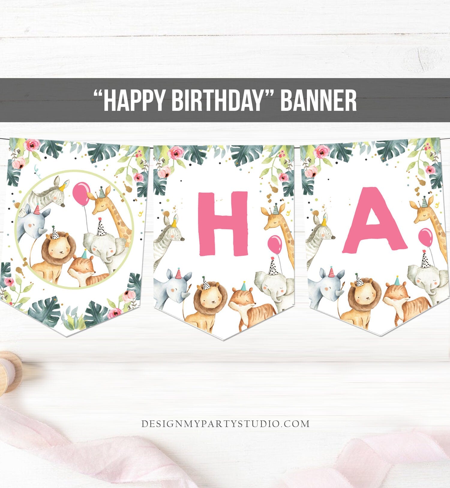 May include: A pink and green birthday banner with the words 'HAPPY BIRTHDAY' in white text. The banner has a jungle theme with animals like giraffes, lions, elephants, and zebras. The banner is made up of three sections with the letters 'H', 'A', and the rest of the words 'HAPPY BIRTHDAY'.