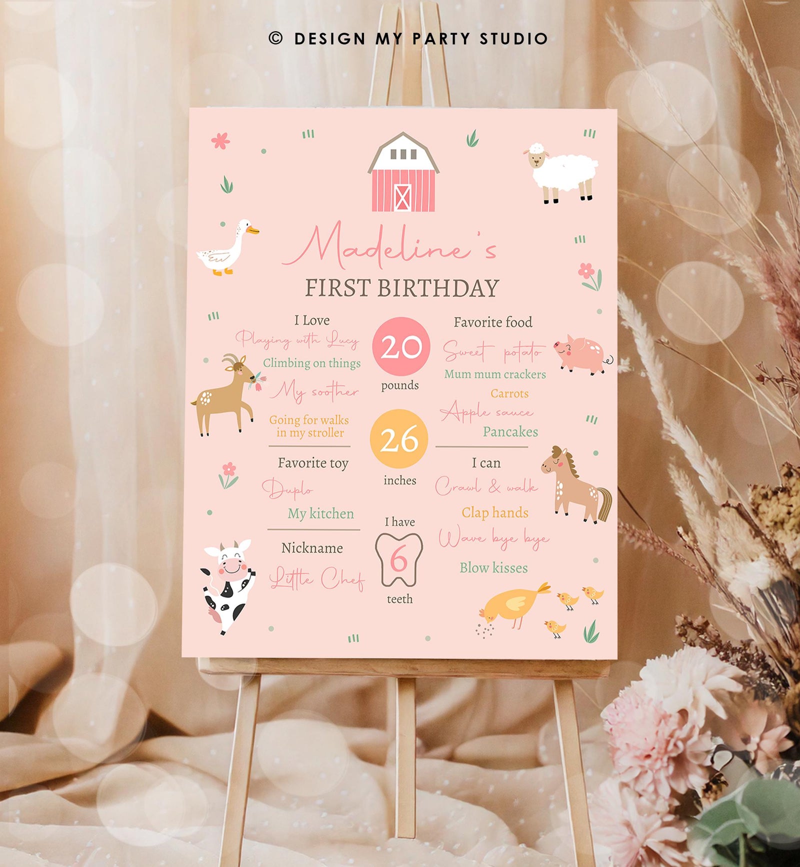 Editable Farm Animals Birthday Milestone Sign Girl Pink Farm Minimalist Barnyard Bash Barnyard Sign Floral Digital Template Printable 0436