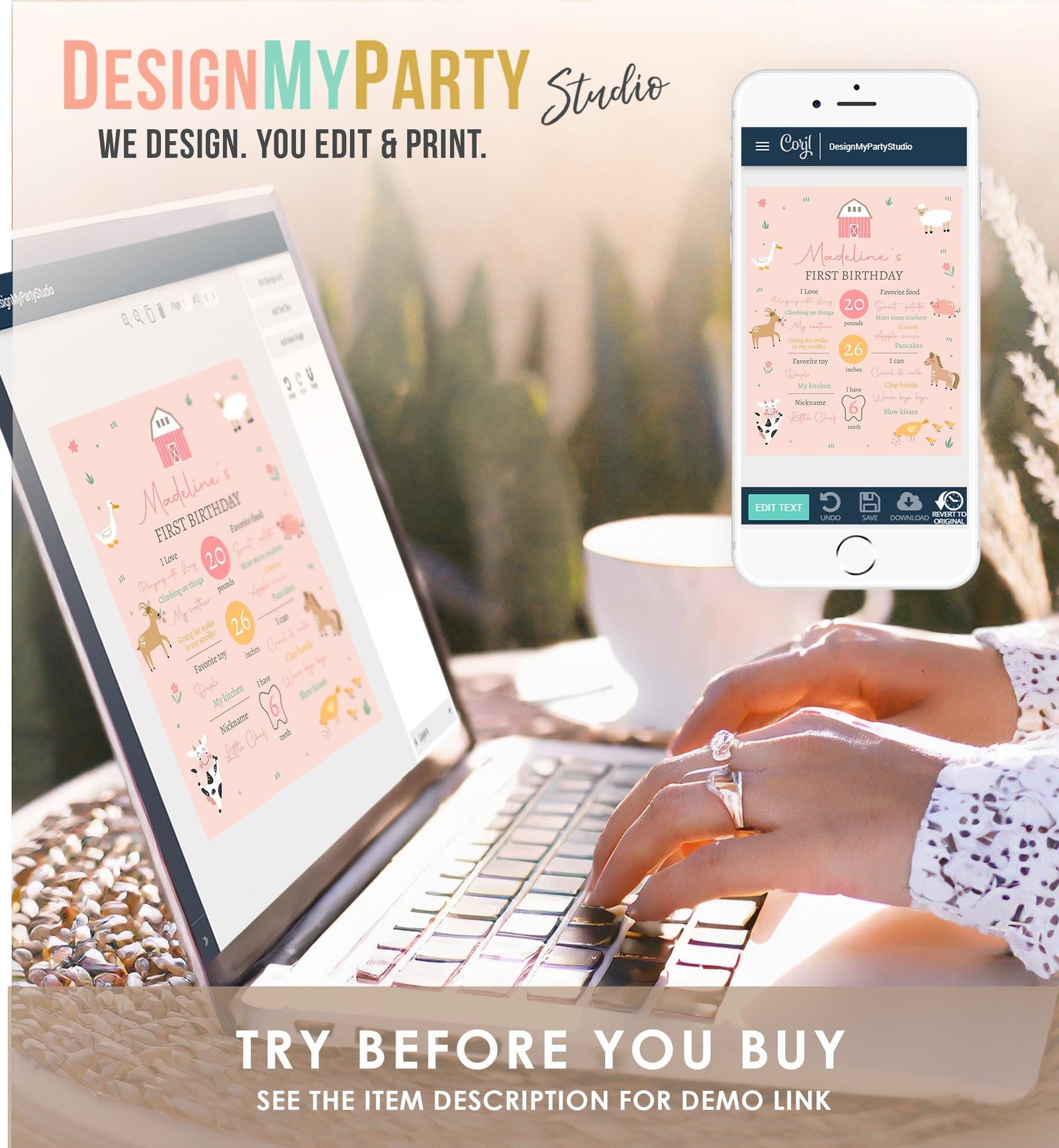 Editable Farm Animals Birthday Milestone Sign Girl Pink Farm Minimalist Barnyard Bash Barnyard Sign Floral Digital Template Printable 0436