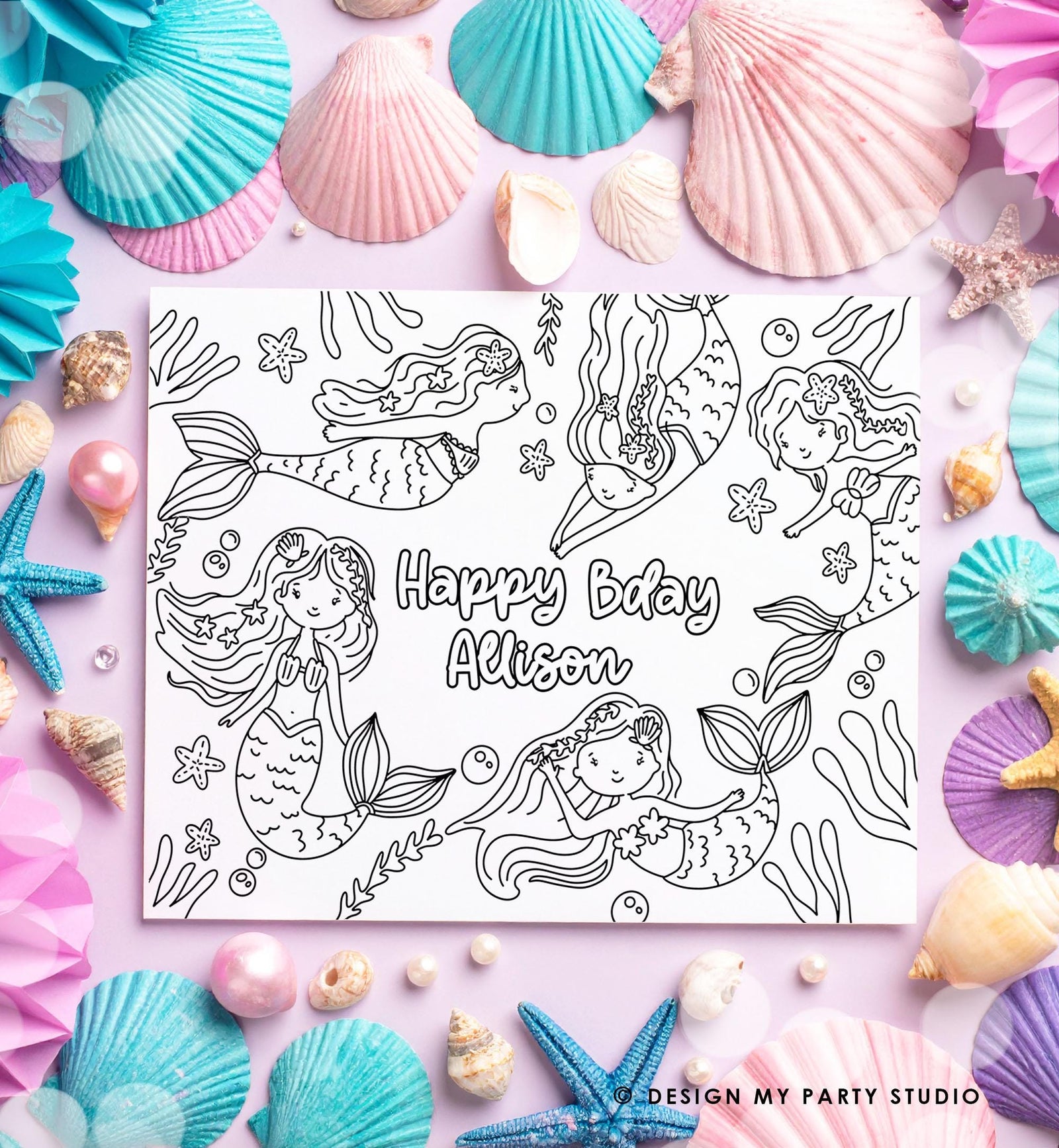 Editable Coloring Page Mermaid Birthday Party Activity Game Summer Mermaid Birthday Under The Sea Pool Party Download Printable Digital 0546