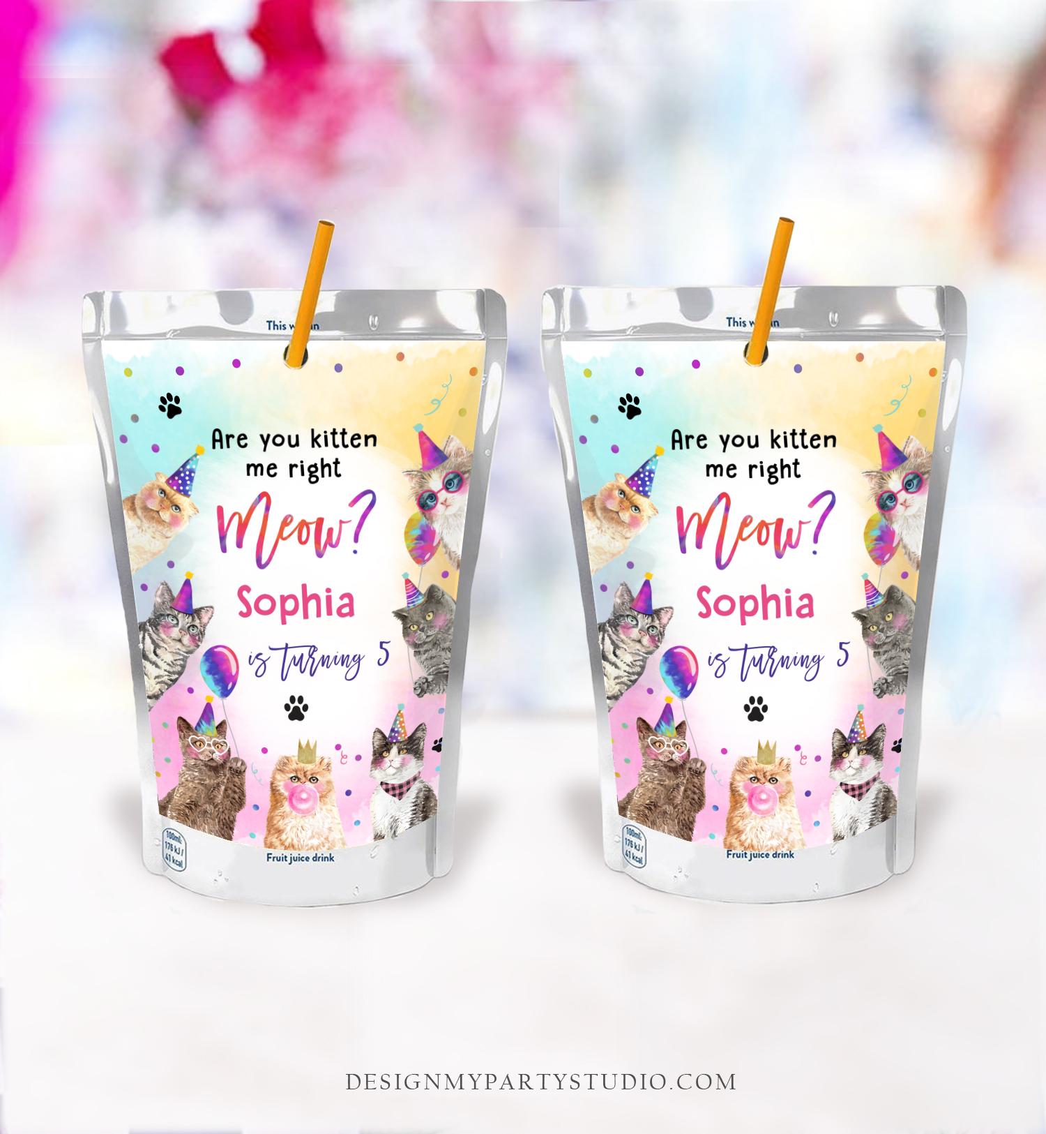 Editable Cats Kittens Juice Pouch Label Juice Favors Are You Kitten Meow Pawty Girl Birthday Party Digital Download Template Printable 0460