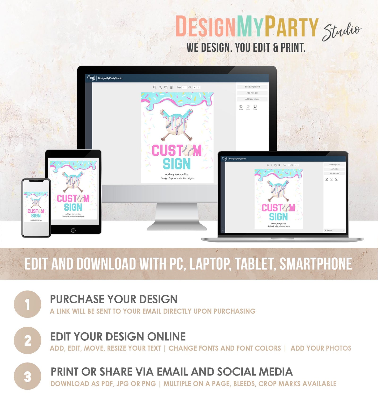 Editable Baseball Drip Custom Sign Birthday Party Decor Girl Boy Ice Cream Drip Teen Blue Pink 8x10 Digital Download Template Printable 0545