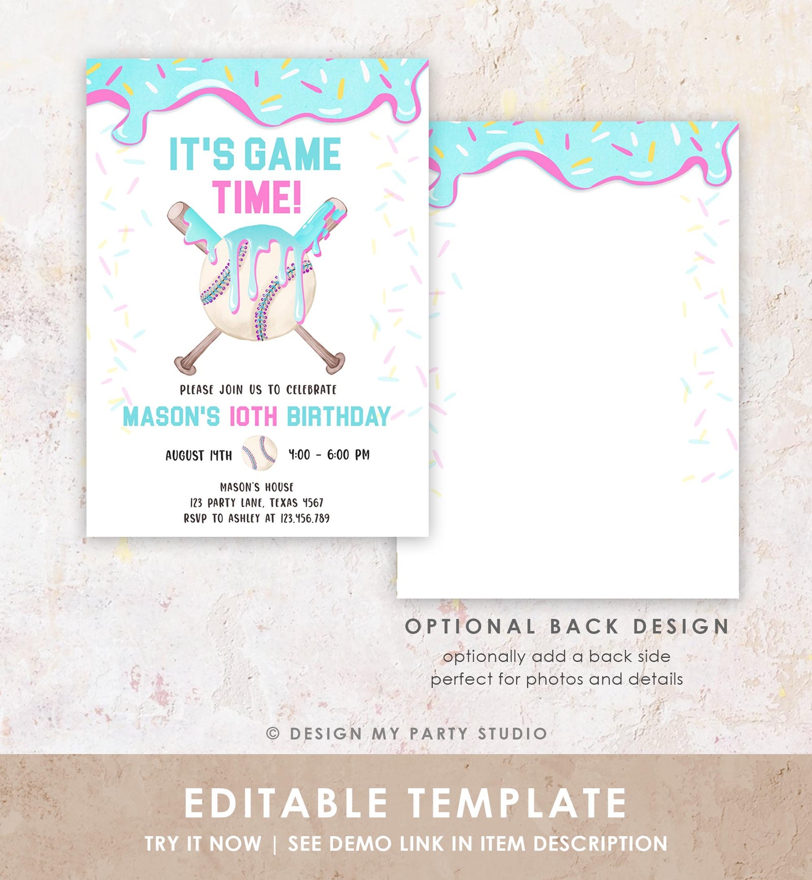 Editable Baseball Drip Ice Cream Birthday Invitation Rookie Year Softball Sports Boy Birthday Digital Download Template Printable 0545