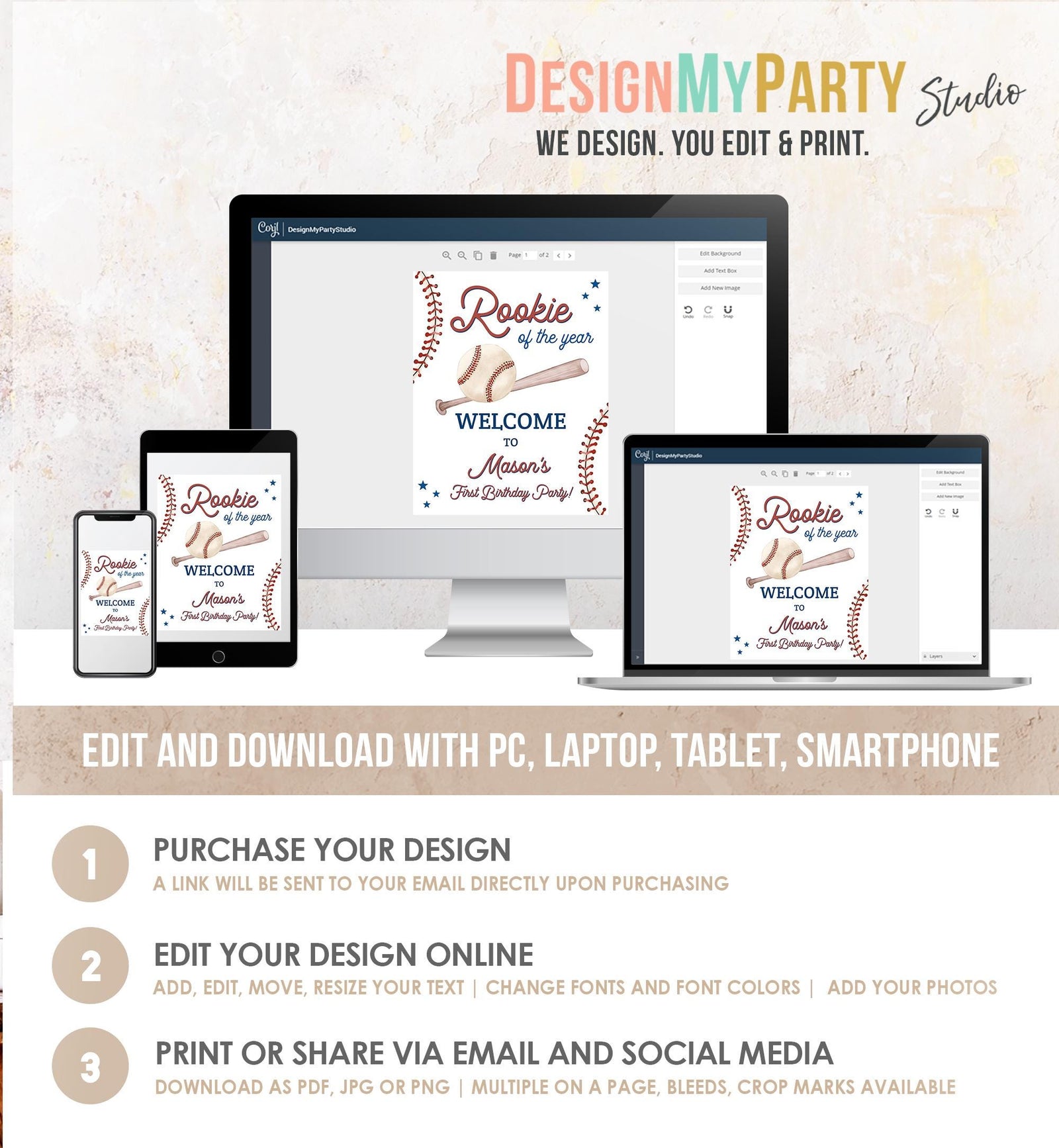 Editable Baseball Birthday Welcome Sign Rookie of The Year Little Snugger First Birthday 1st Digital Download Template Printable 0492