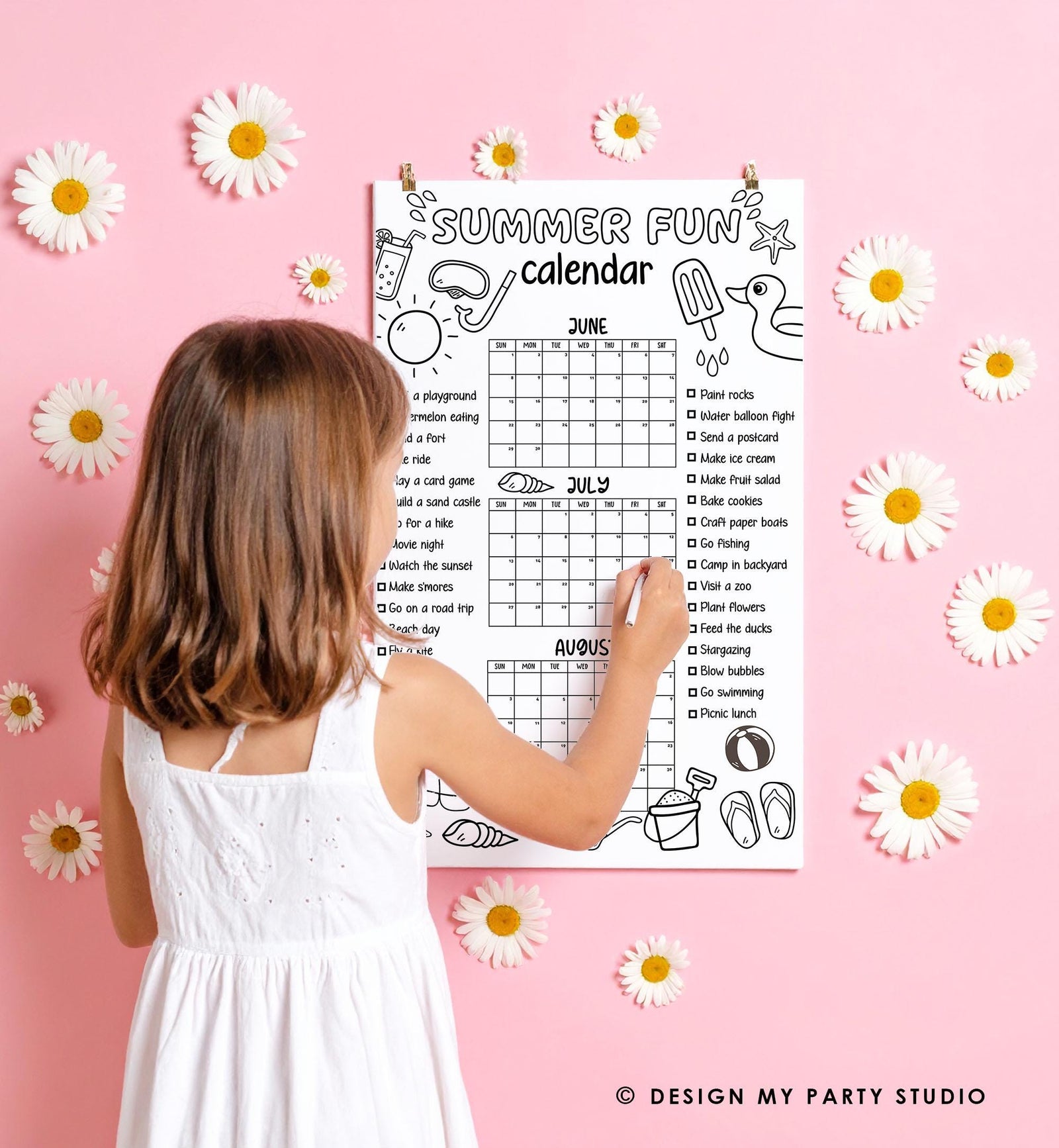 Editable Summer Coloring Calendar Poster Bucket List Family Planner Checklist Summer Break Instant Digital Download Printable Template 0549