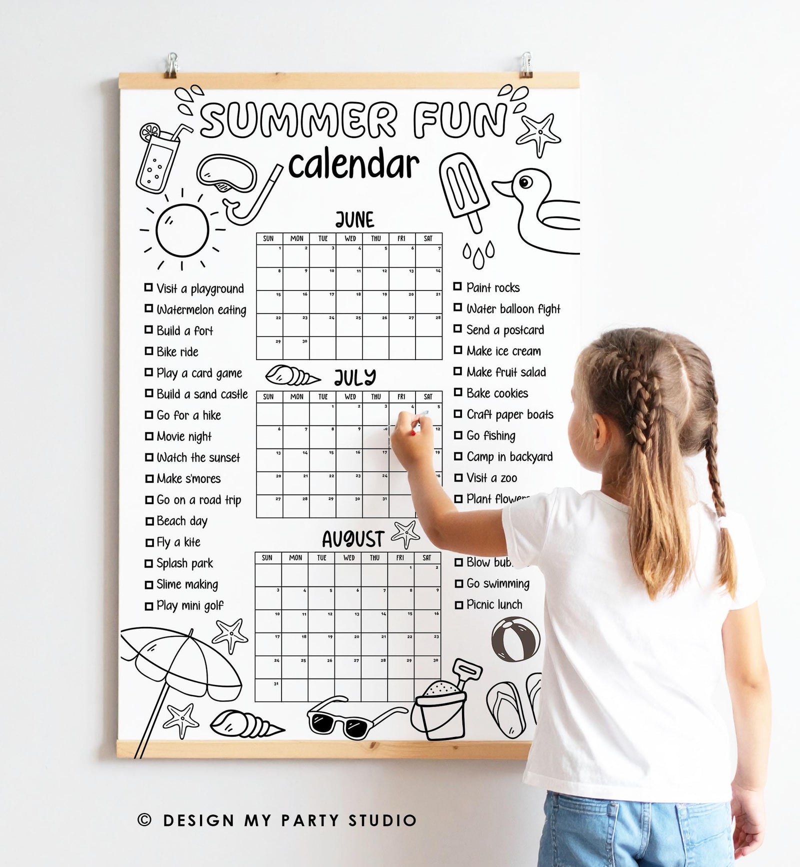 Editable Summer Coloring Calendar Poster Bucket List Family Planner Checklist Summer Break Instant Digital Download Printable Template 0549