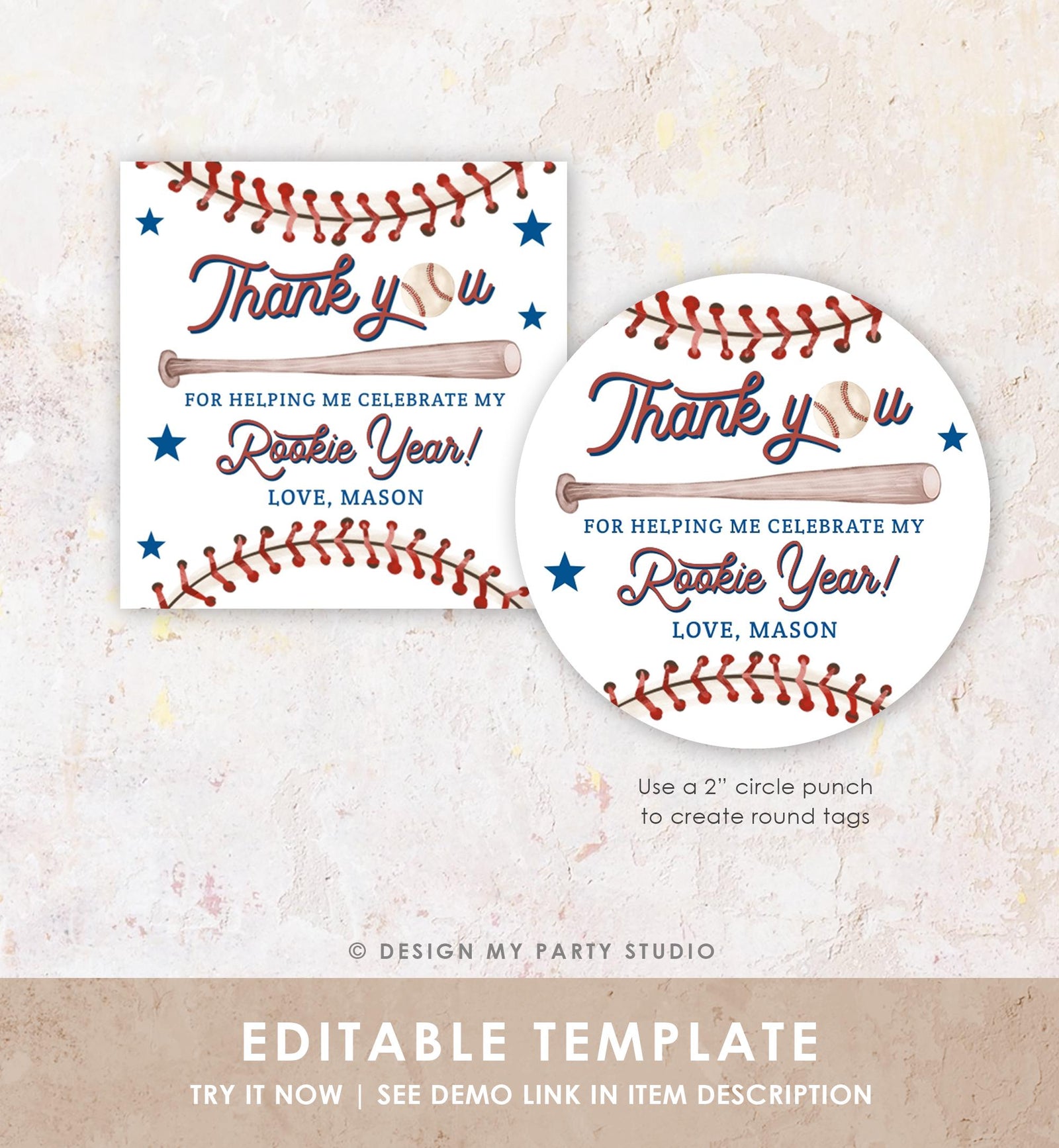 Editable Rookie Year Baseball Favor Tag Thank You For Swinging By Boy Girl Birthday Party Gift Sticker Note Digital Template Printable 0492