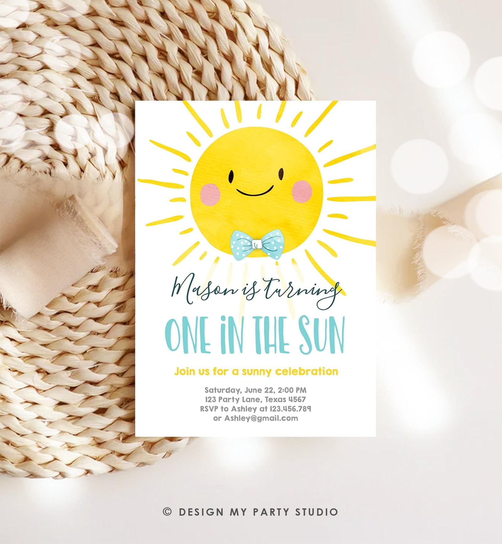 Editable One in the Sun Sunshine Birthday Invitation Summer Party First Birthday Party Boy Blue Bow Tie Download Template Printable 0141