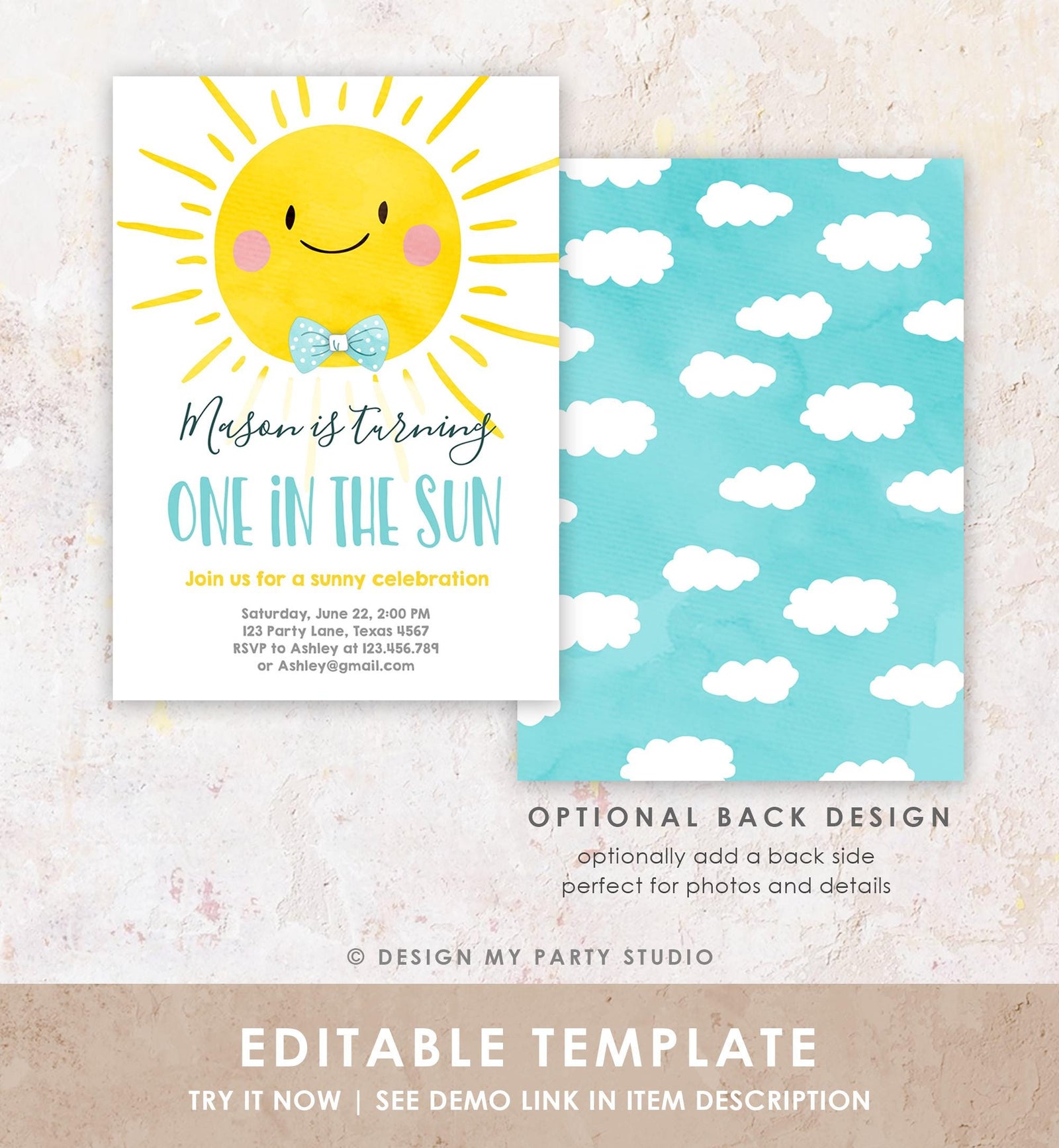 Editable One in the Sun Sunshine Birthday Invitation Summer Party First Birthday Party Boy Blue Bow Tie Download Template Printable 0141